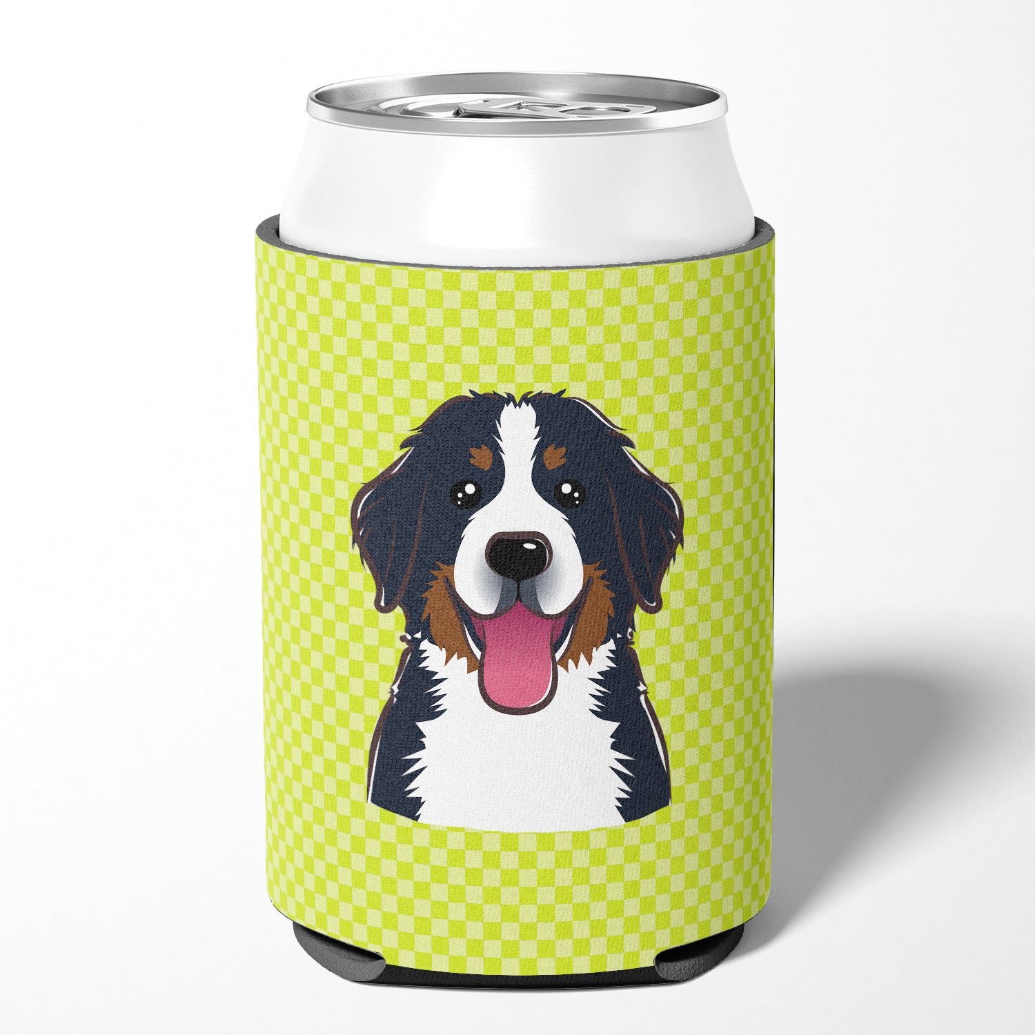 Checkerboard Lime Green Bernese Mountain Dog Can or Bottle Hugger BB1299CC.