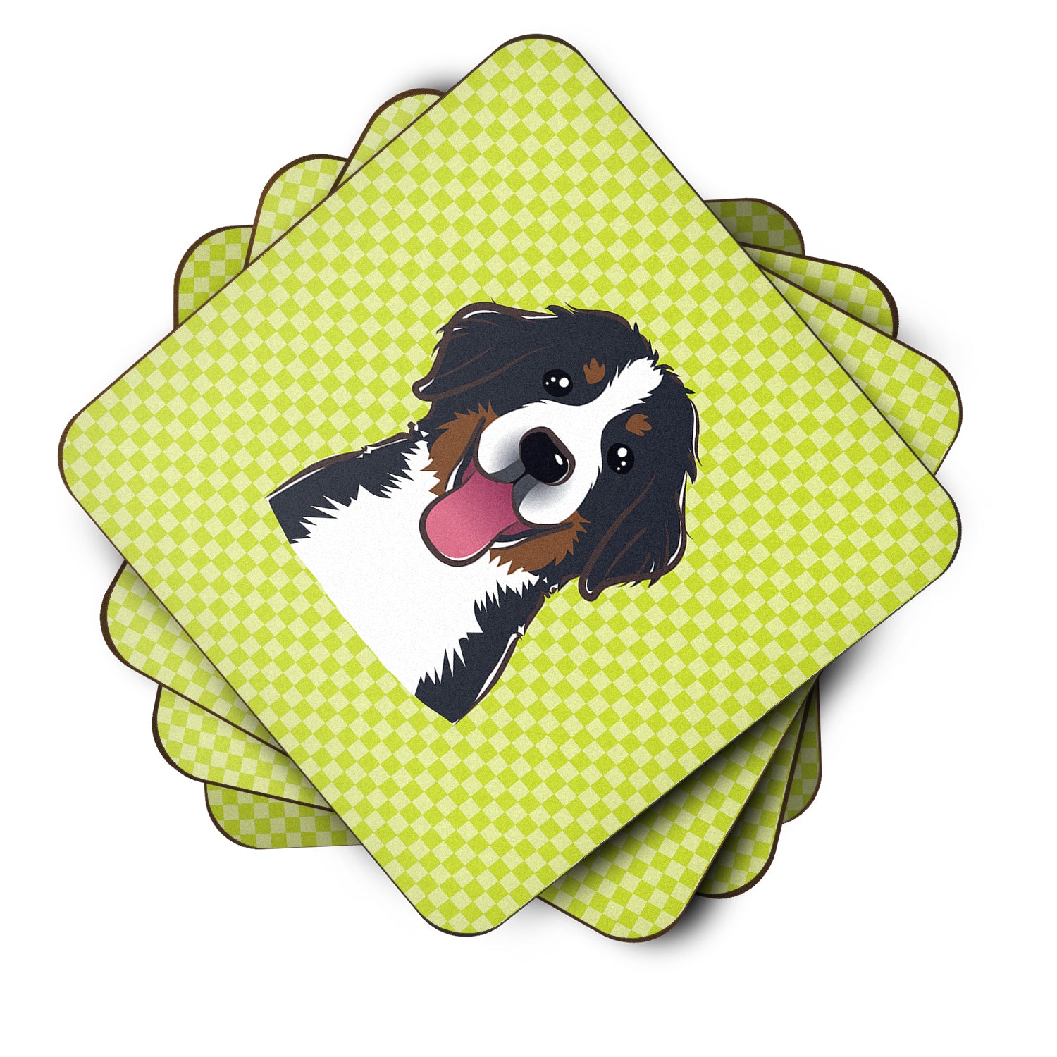 Set of 4 Checkerboard Lime Green Bernese Mountain Dog Foam Coasters BB1299FC - the-store.com