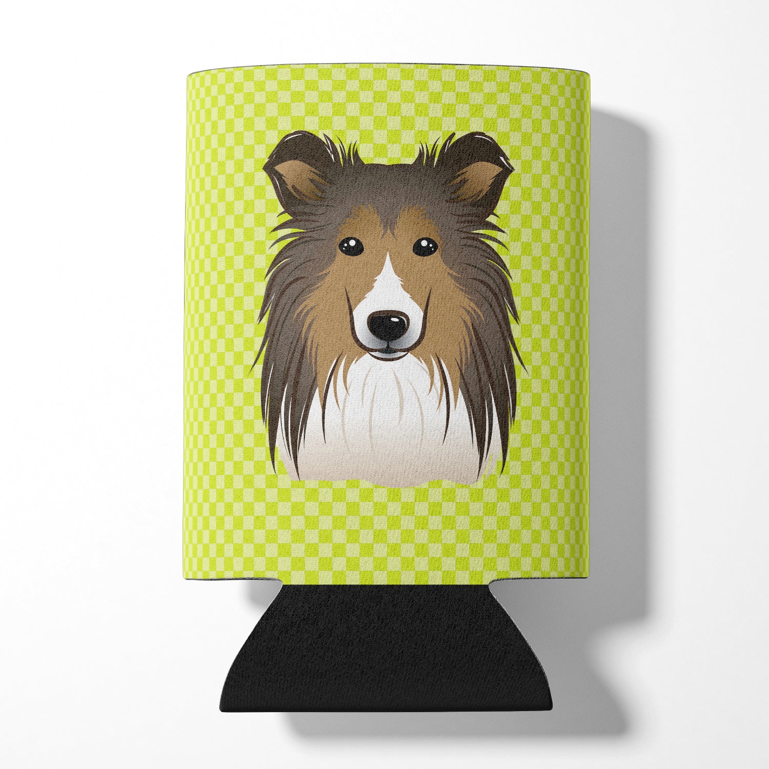 Checkerboard Lime Green Sheltie Can or Bottle Hugger BB1304CC.