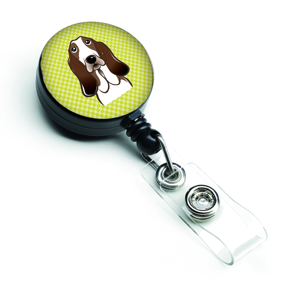 Checkerboard Lime Green Basset Hound Retractable Badge Reel BB1305BR.