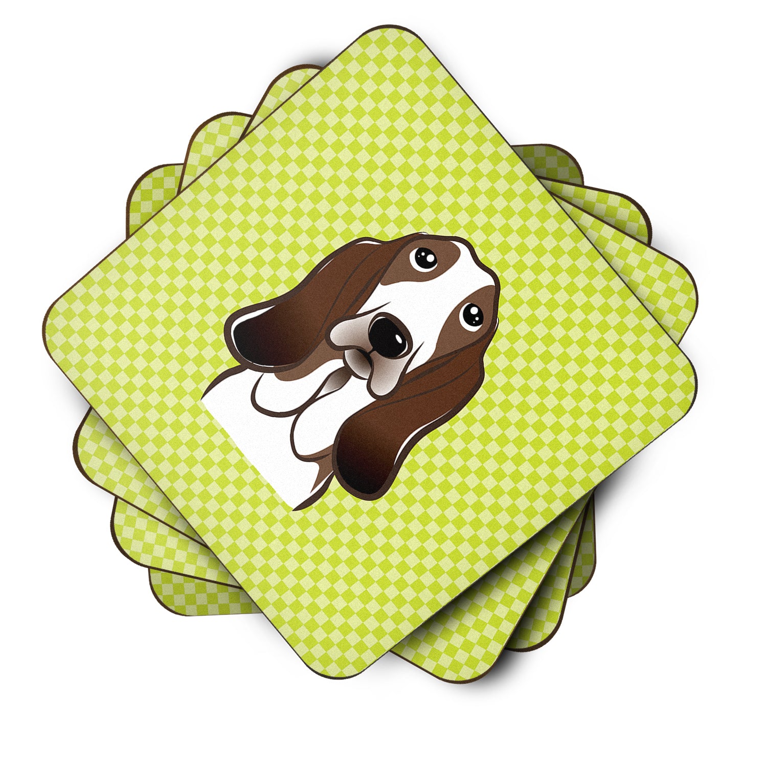 Set of 4 Checkerboard Lime Green Basset Hound Foam Coasters BB1305FC - the-store.com