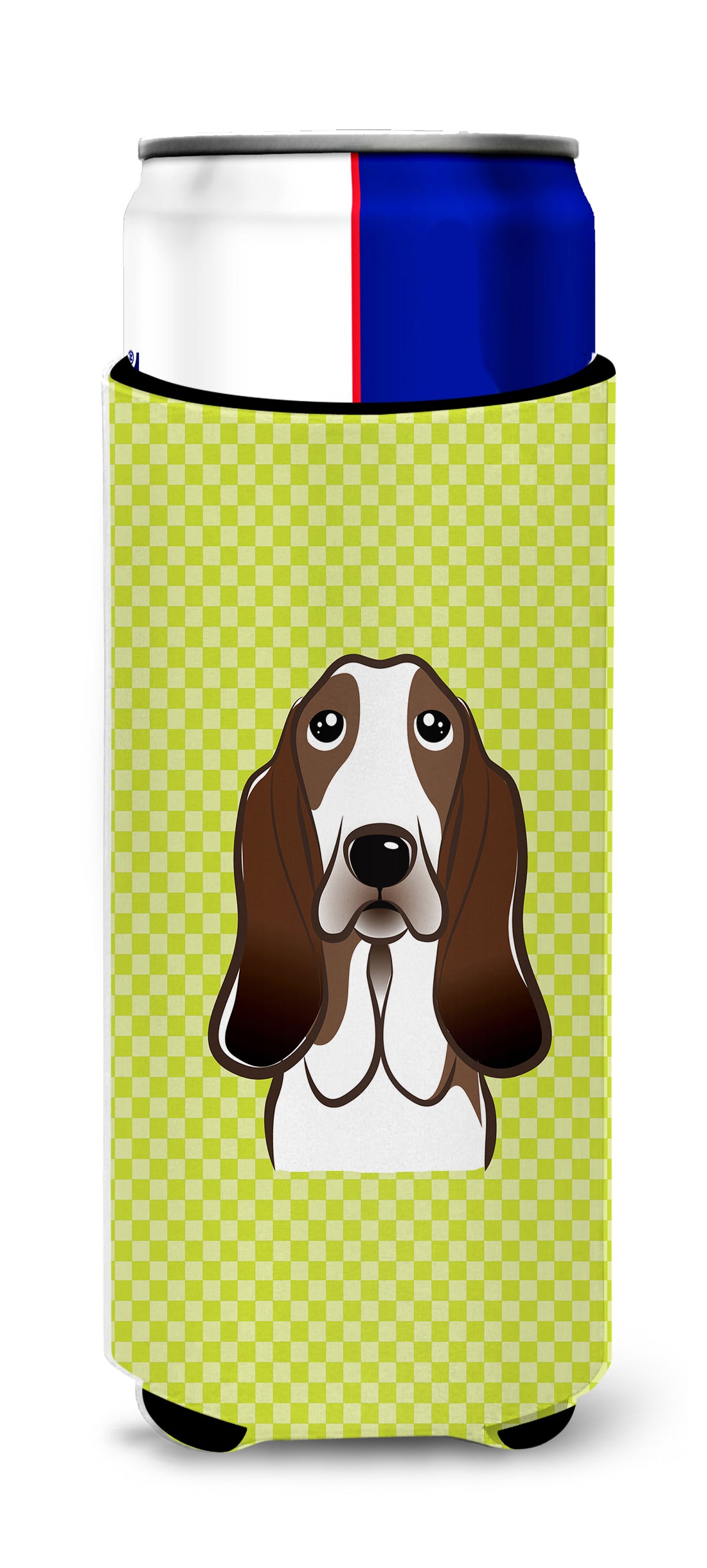 Checkerboard Lime Green Basset Hound Ultra Beverage Insulators for slim cans