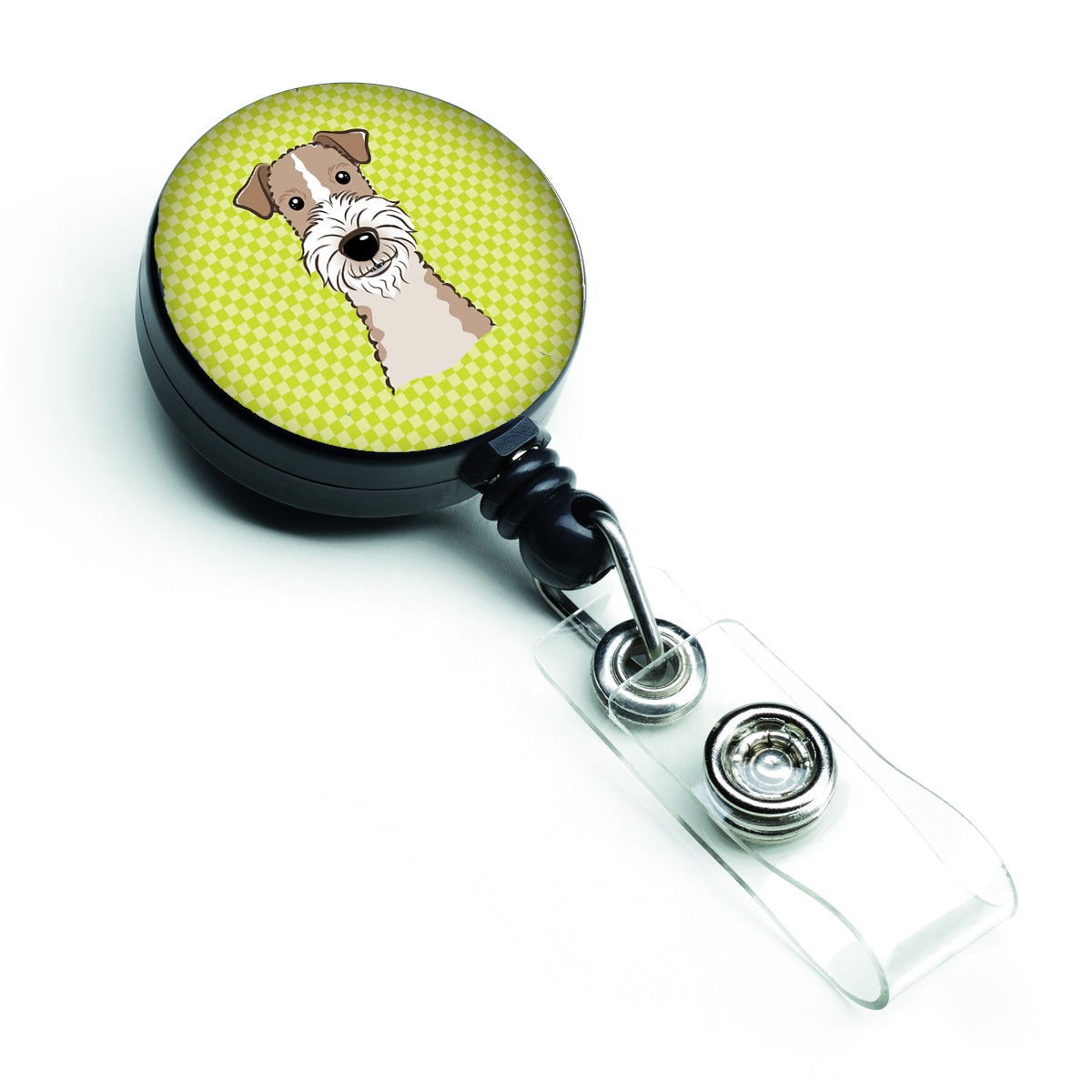 Checkerboard Lime Green Wire Haired Fox Terrier Retractable Badge Reel BB1309BR.