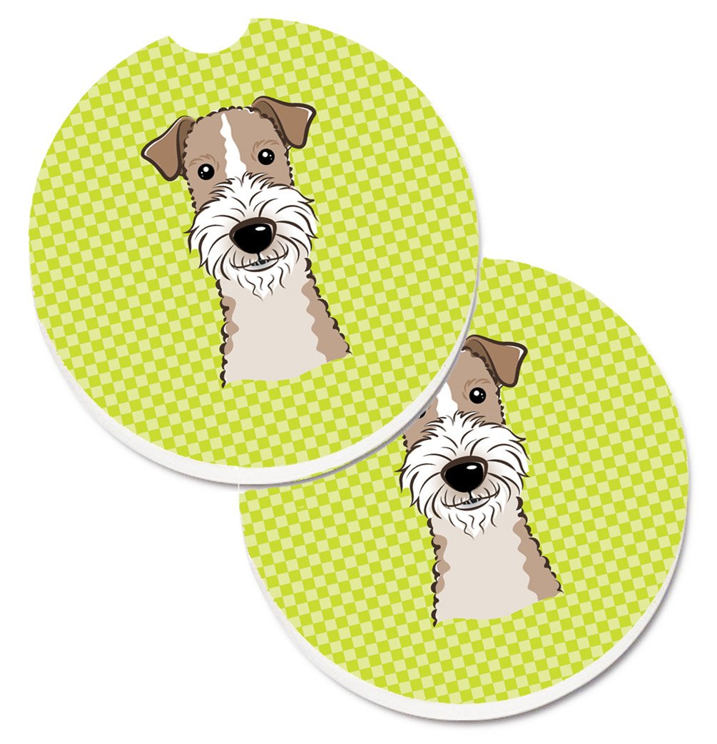Checkerboard Lime Green Wire Haired Fox Terrier Set of 2 Cup Holder Car Coasters BB1309CARC by Caroline's Treasures