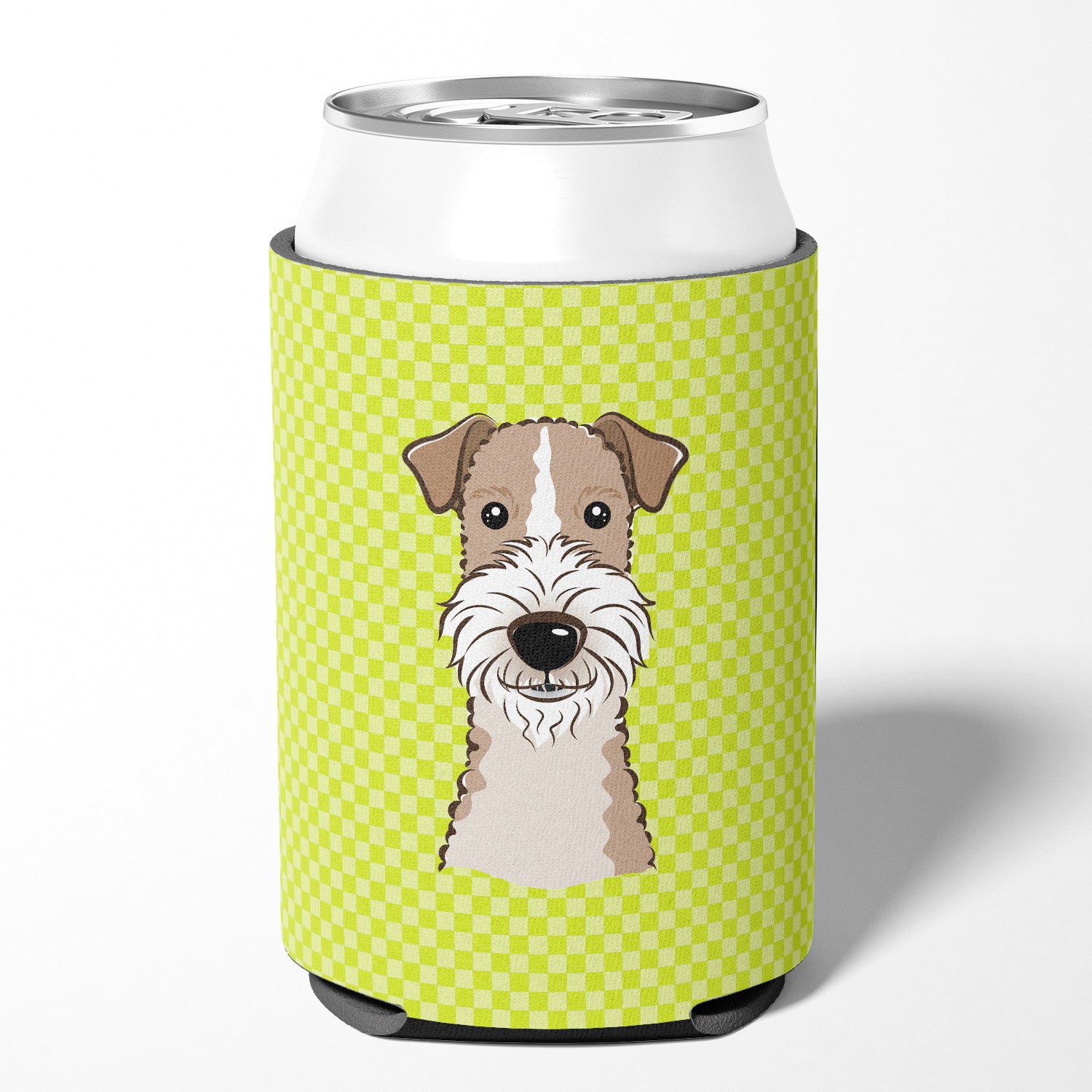 Checkerboard Lime Green Wire Haired Fox Terrier Can or Bottle Hugger BB1309CC.