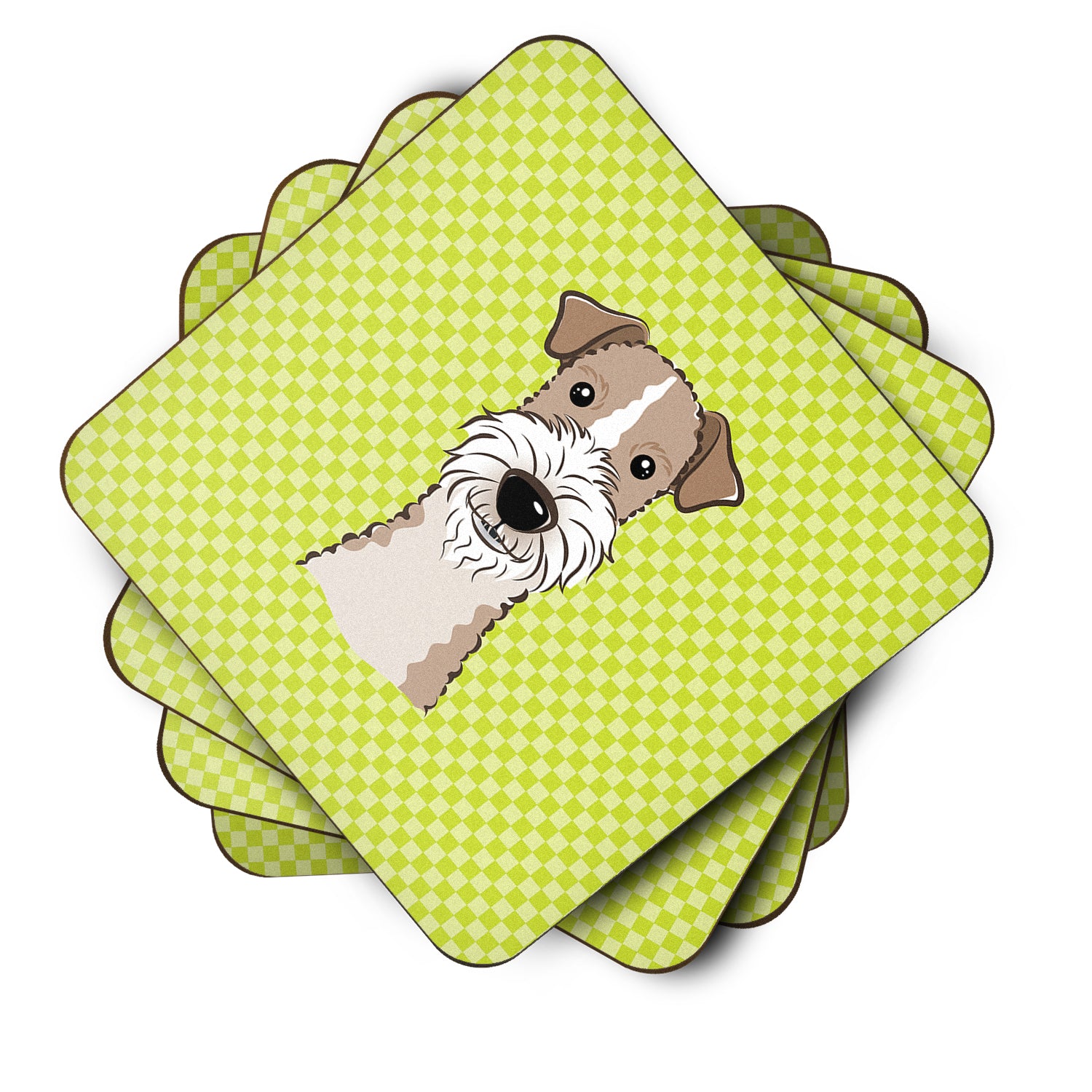 Set of 4 Checkerboard Lime Green Wire Haired Fox Terrier Foam Coasters BB1309FC - the-store.com