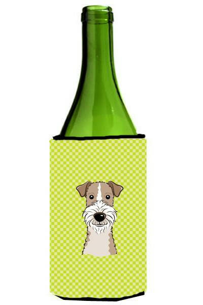 Checkerboard Lime Green Wire Haired Fox Terrier Wine Bottle Beverage Insulator Hugger by Caroline's Treasures