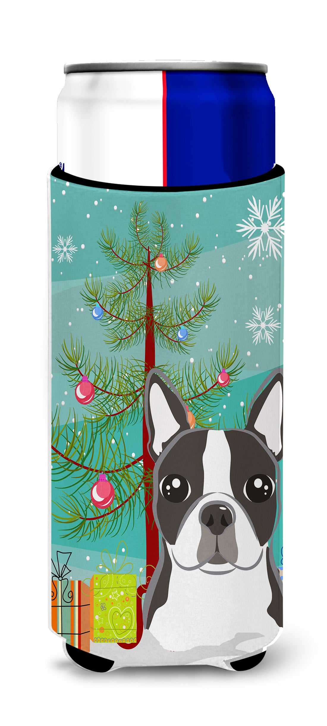 Christmas Tree and Boston Terrier Ultra Beverage Insulators for slim cans BB1575MUK  the-store.com.