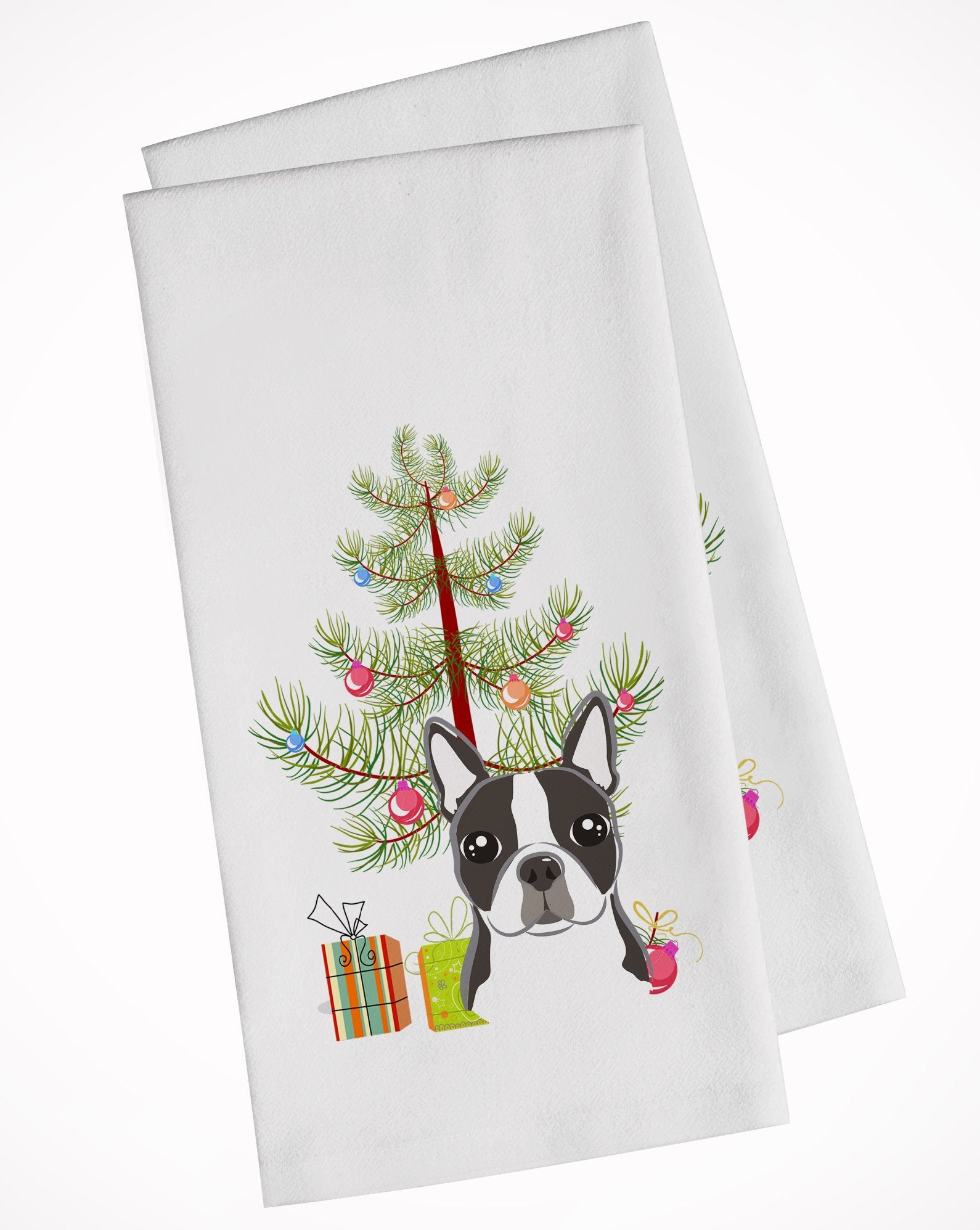 Christmas Tree and Boston Terrier White Kitchen Towel Set of 2 BB1575WTKT by Caroline's Treasures