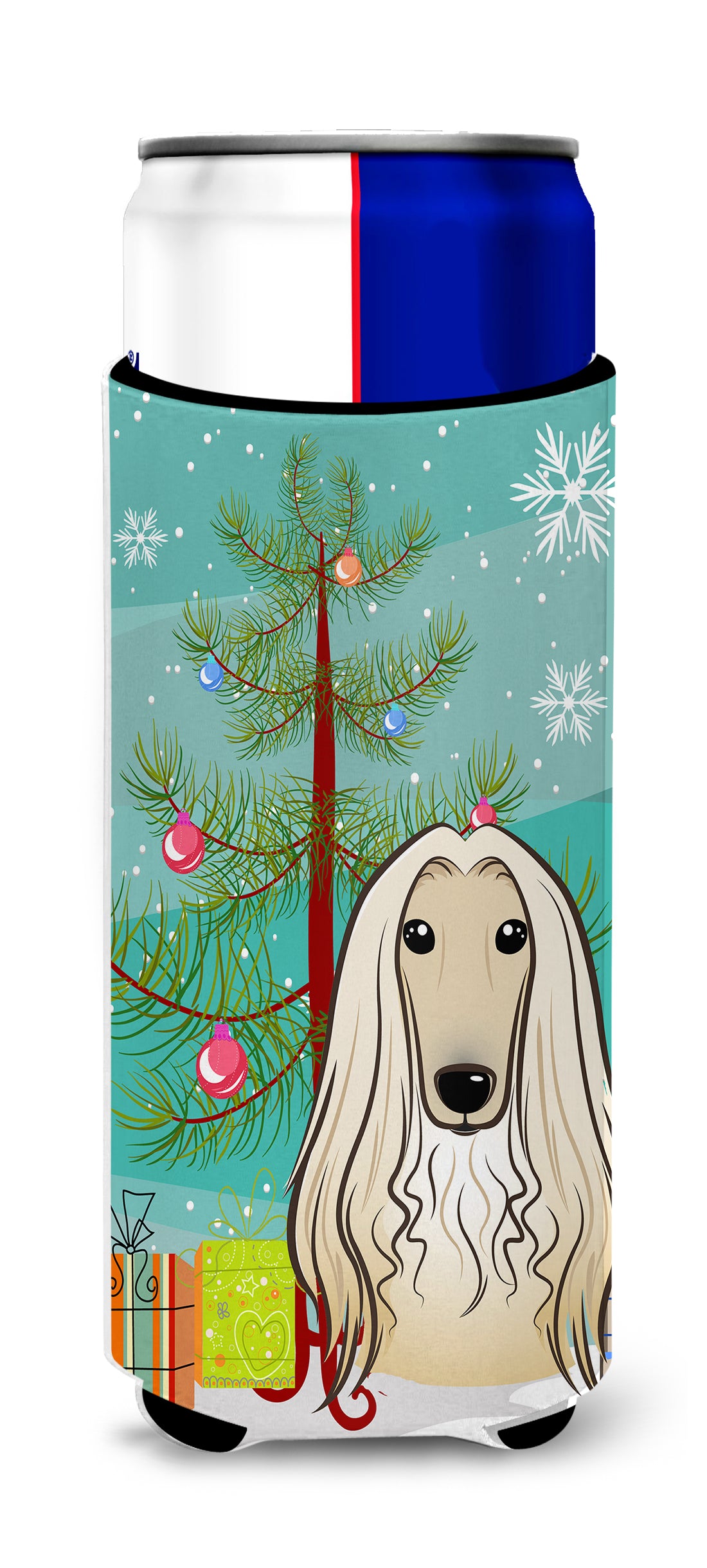 Christmas Tree and Afghan Hound Ultra Beverage Insulators for slim cans BB1616MUK