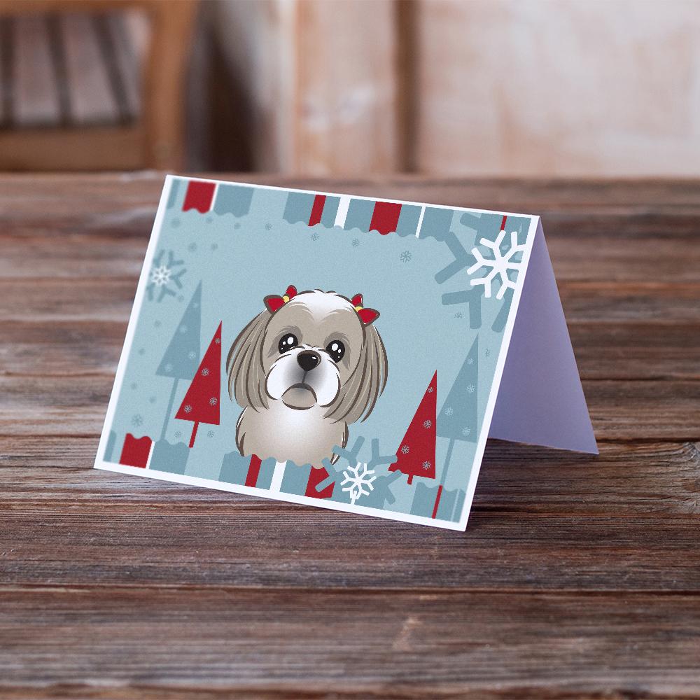 Winter Holiday Gray Silver Shih Tzu Greeting Cards and Envelopes Pack of 8 - the-store.com
