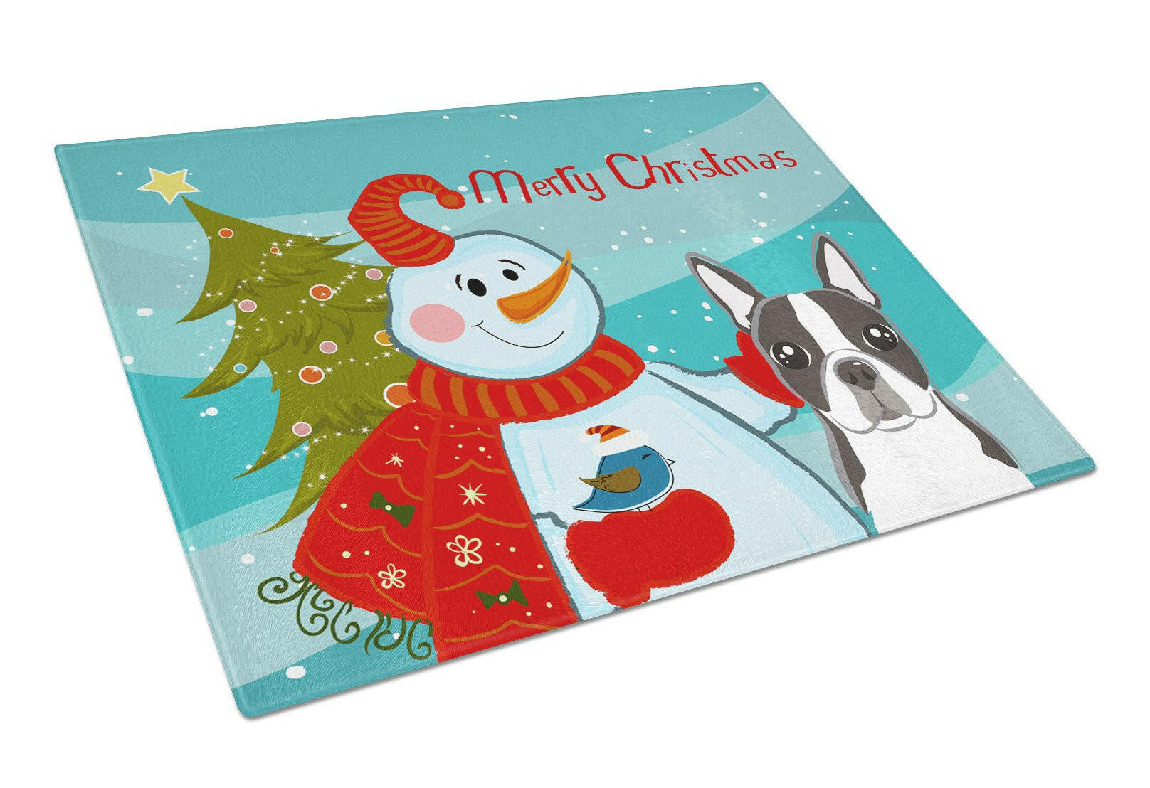 Snowman with Boston Terrier Glass Cutting Board Large BB1823LCB by Caroline's Treasures
