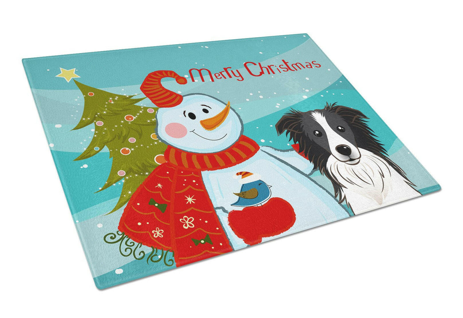 Snowman with Border Collie Glass Cutting Board Large BB1861LCB by Caroline's Treasures