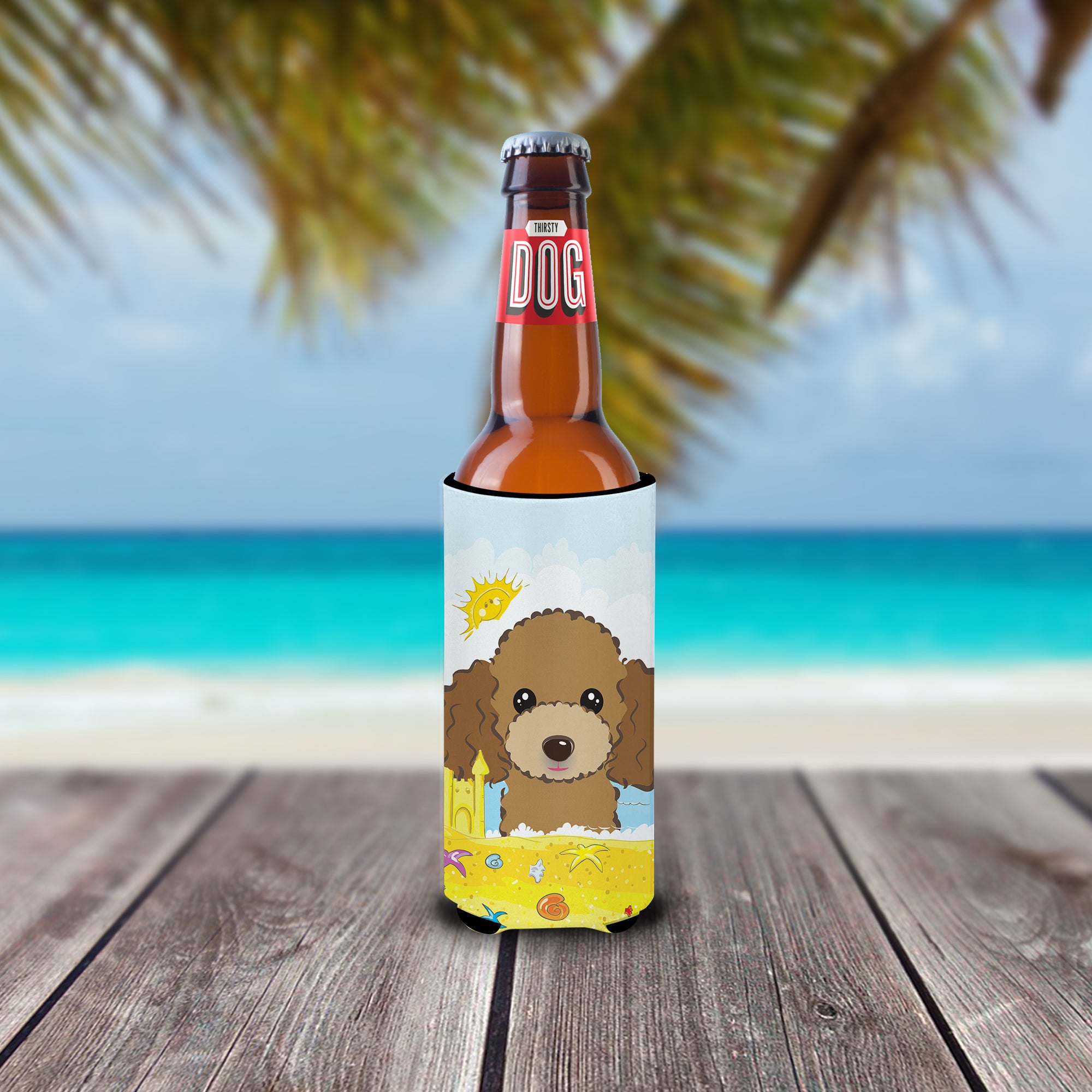 Chocolate Brown Poodle Summer Beach  Ultra Beverage Insulator for slim cans BB2124MUK  the-store.com.