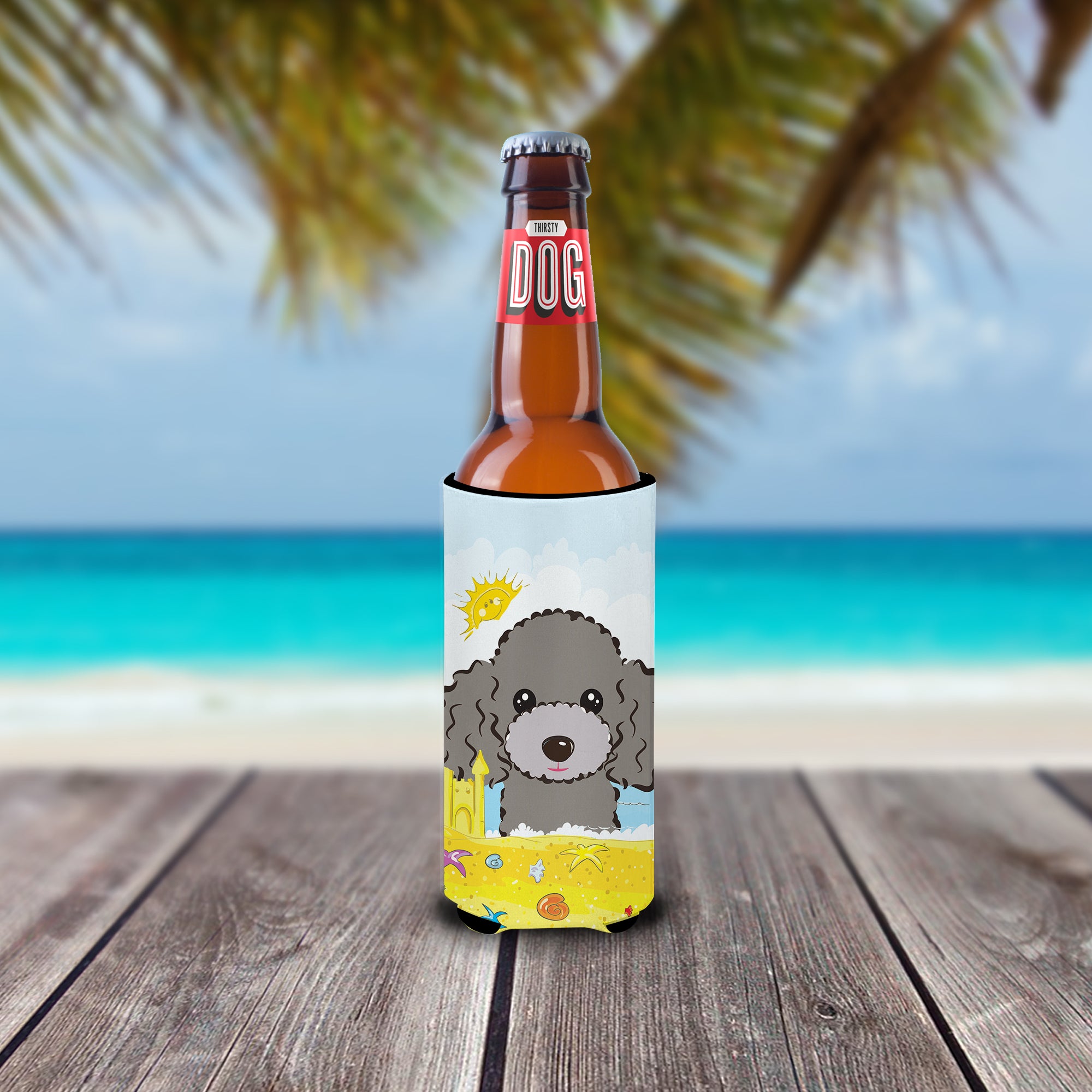 Silver Gray Poodle Summer Beach  Ultra Beverage Insulator for slim cans BB2127MUK  the-store.com.