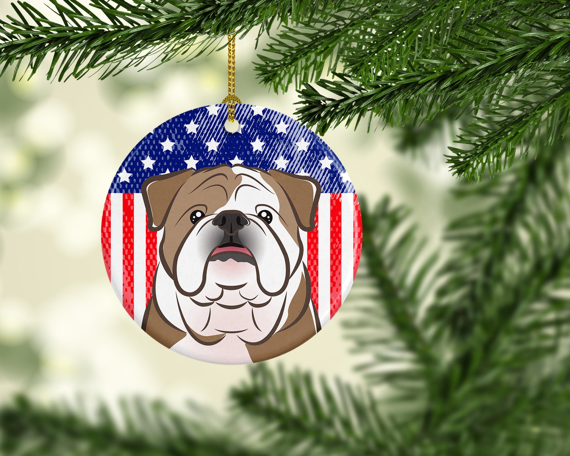 American Flag and English Bulldog Ceramic Ornament - the-store.com