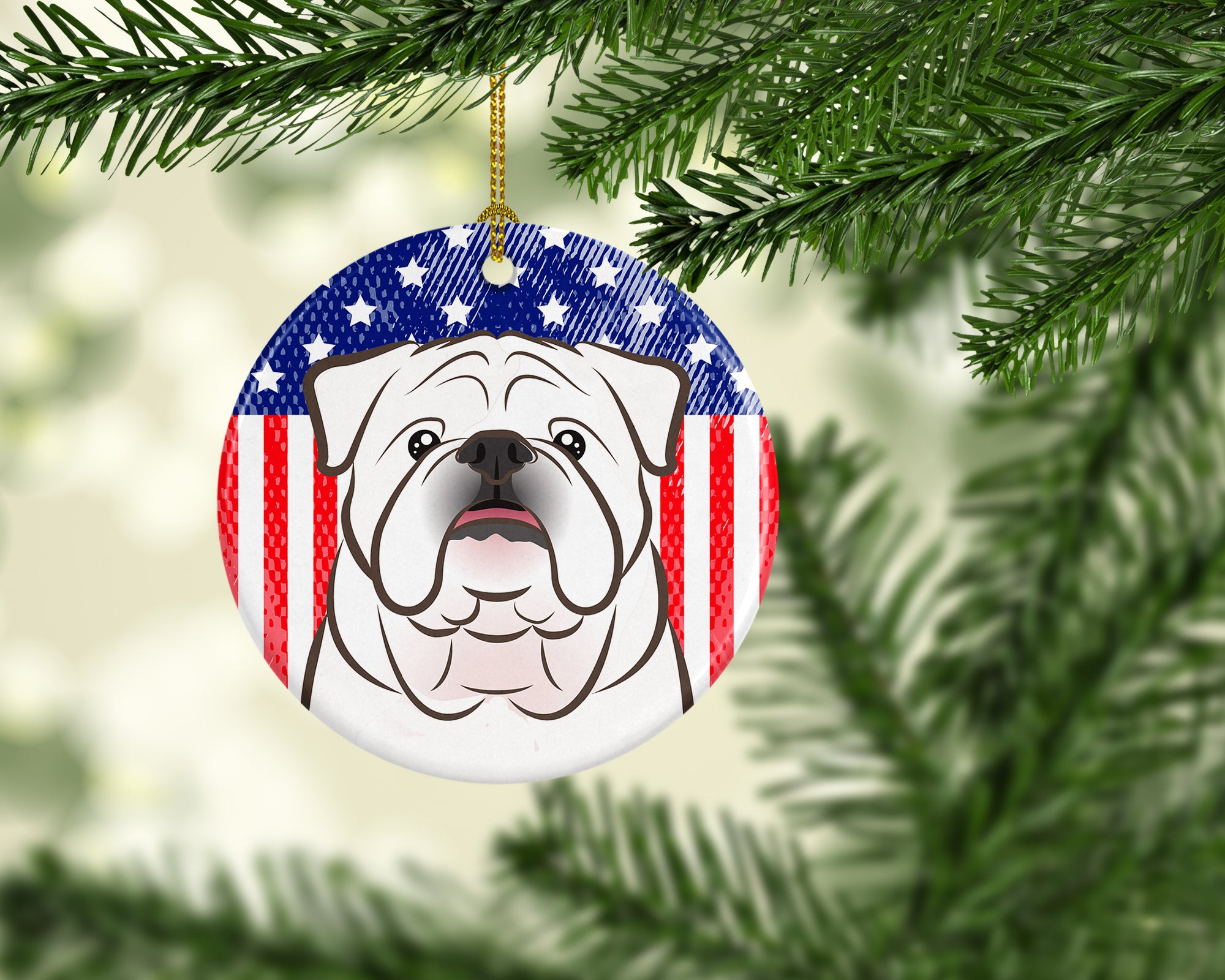 American Flag and White English Bulldog Ceramic Ornament - the-store.com