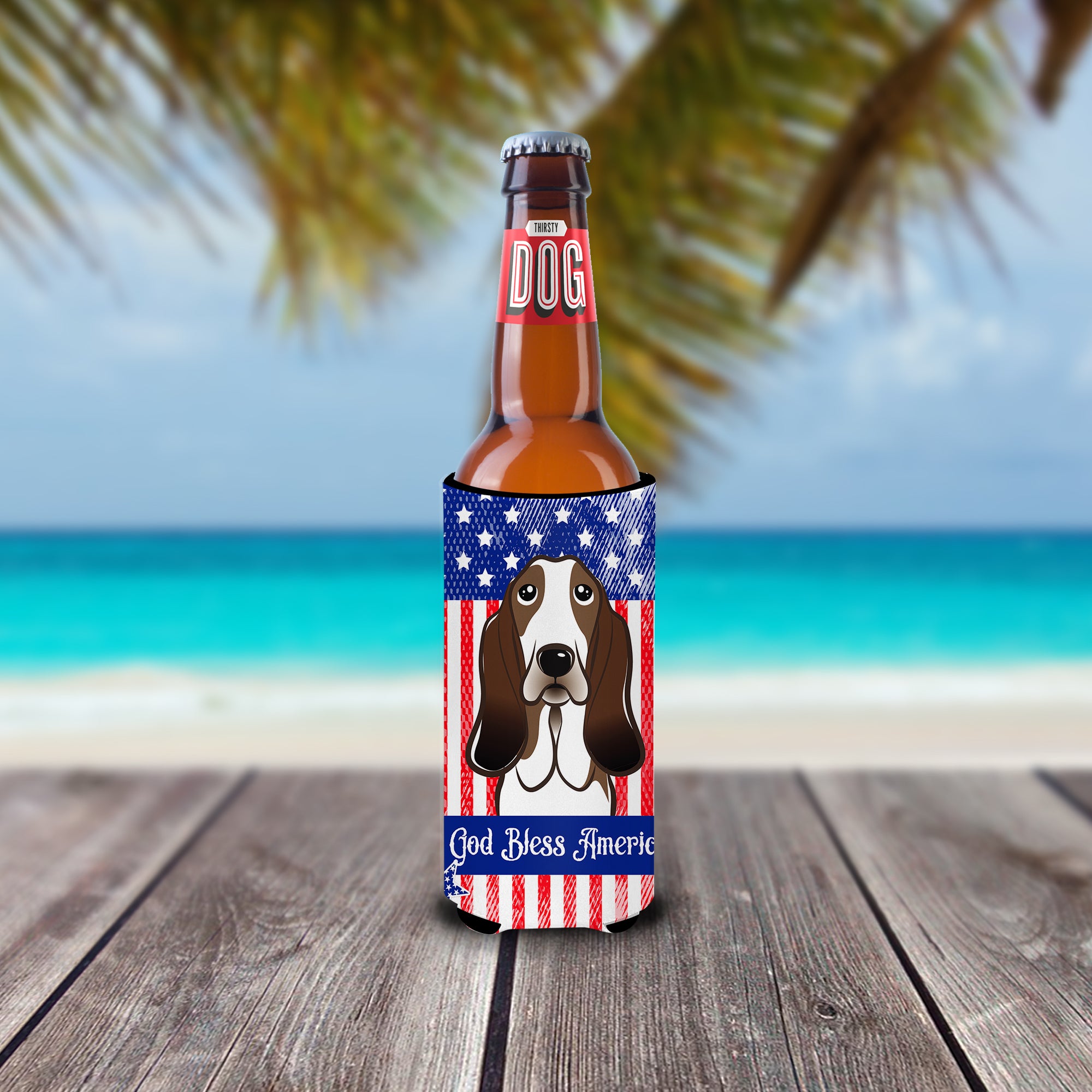 God Bless American Flag with Basset Hound  Ultra Beverage Insulator for slim cans BB2173MUK
