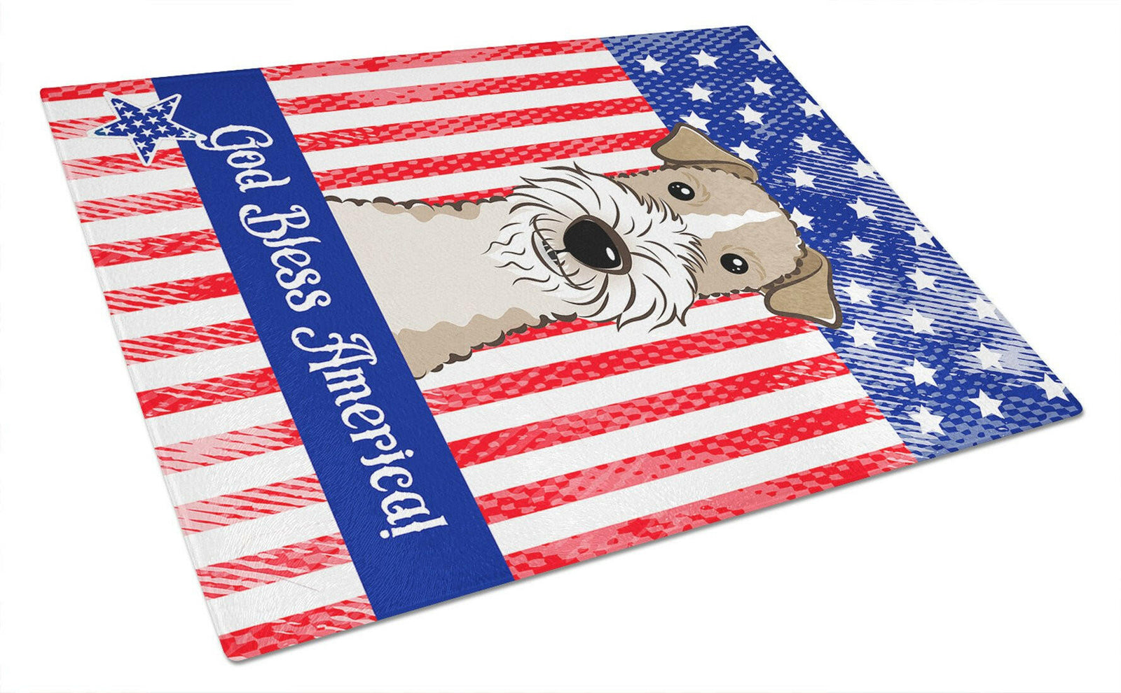 God Bless American Flag with Wire Haired Fox Terrier Glass Cutting Board Large BB2177LCB by Caroline's Treasures