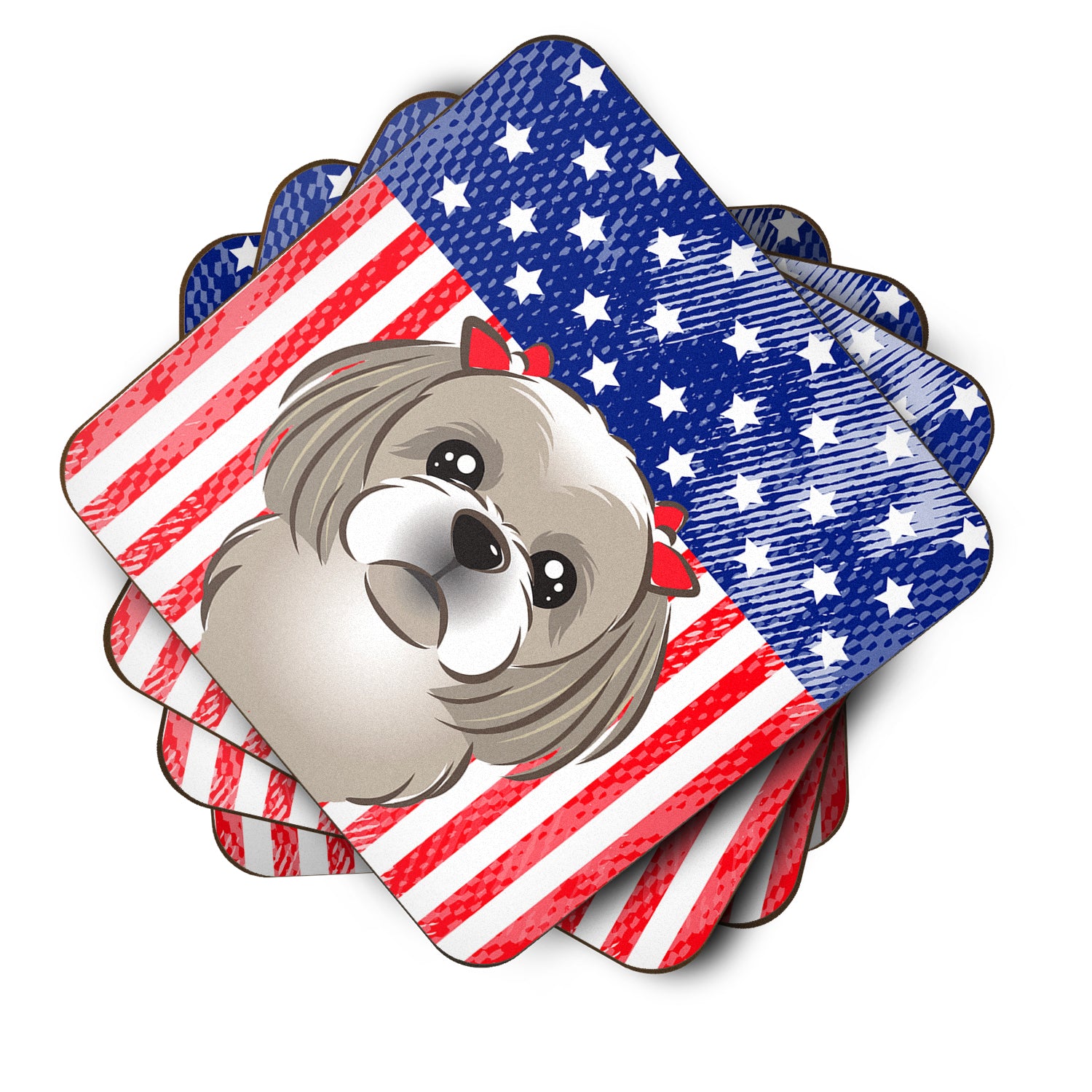 American Flag and Gray Silver Shih Tzu Foam Coaster Set of 4 - the-store.com