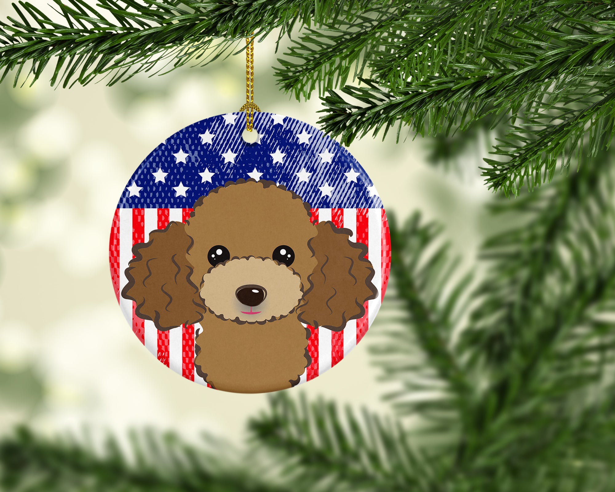 American Flag and Chocolate Brown Poodle Ceramic Ornament BB2186CO1 - the-store.com