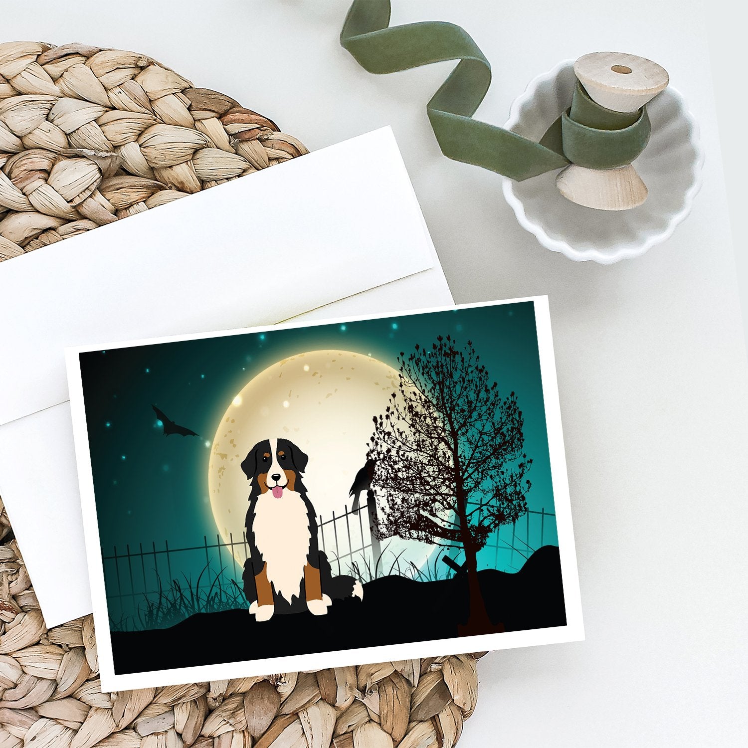 Buy this Halloween Scary Bernese Mountain Dog Greeting Cards and Envelopes Pack of 8