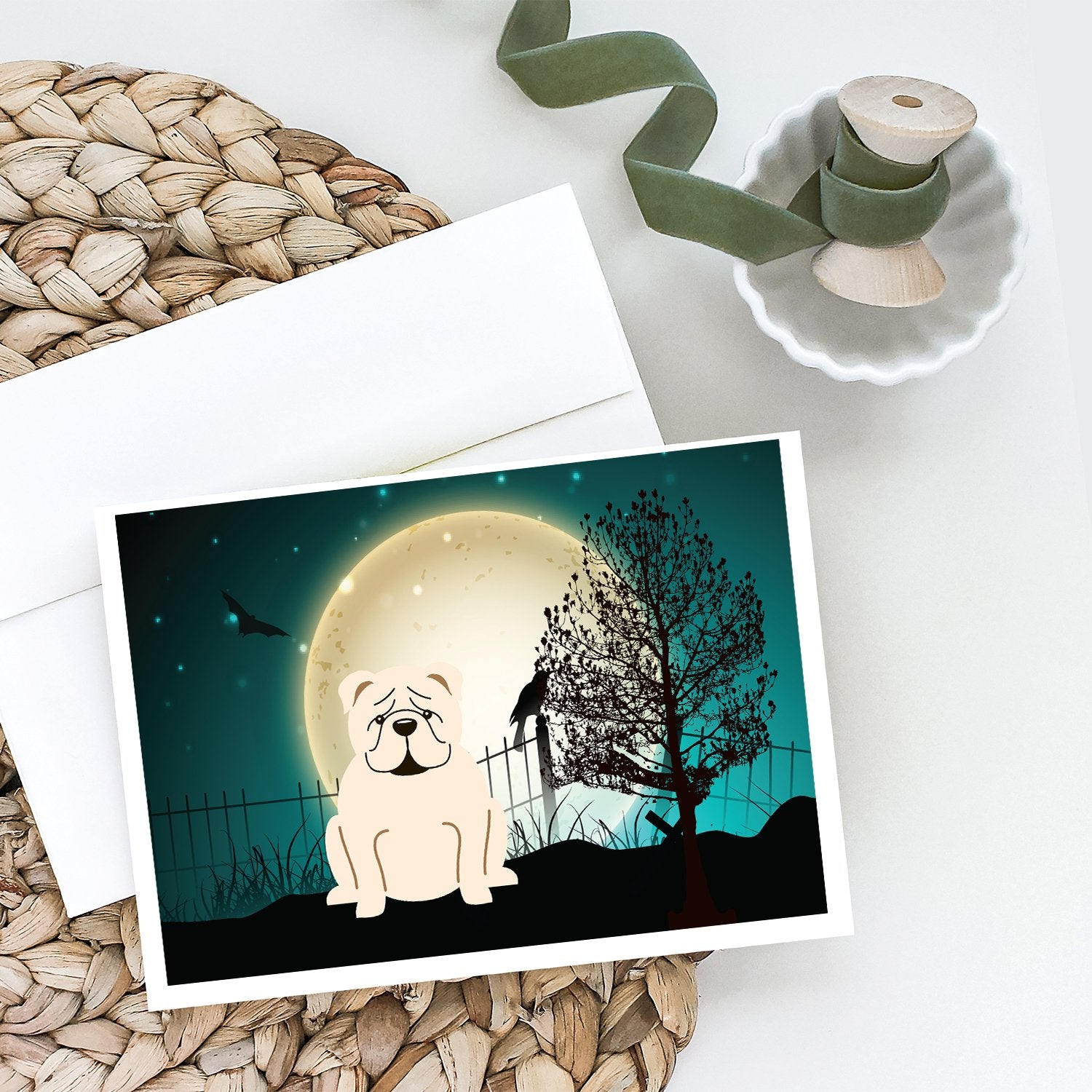 Buy this Halloween Scary  English Bulldog White Greeting Cards and Envelopes Pack of 8