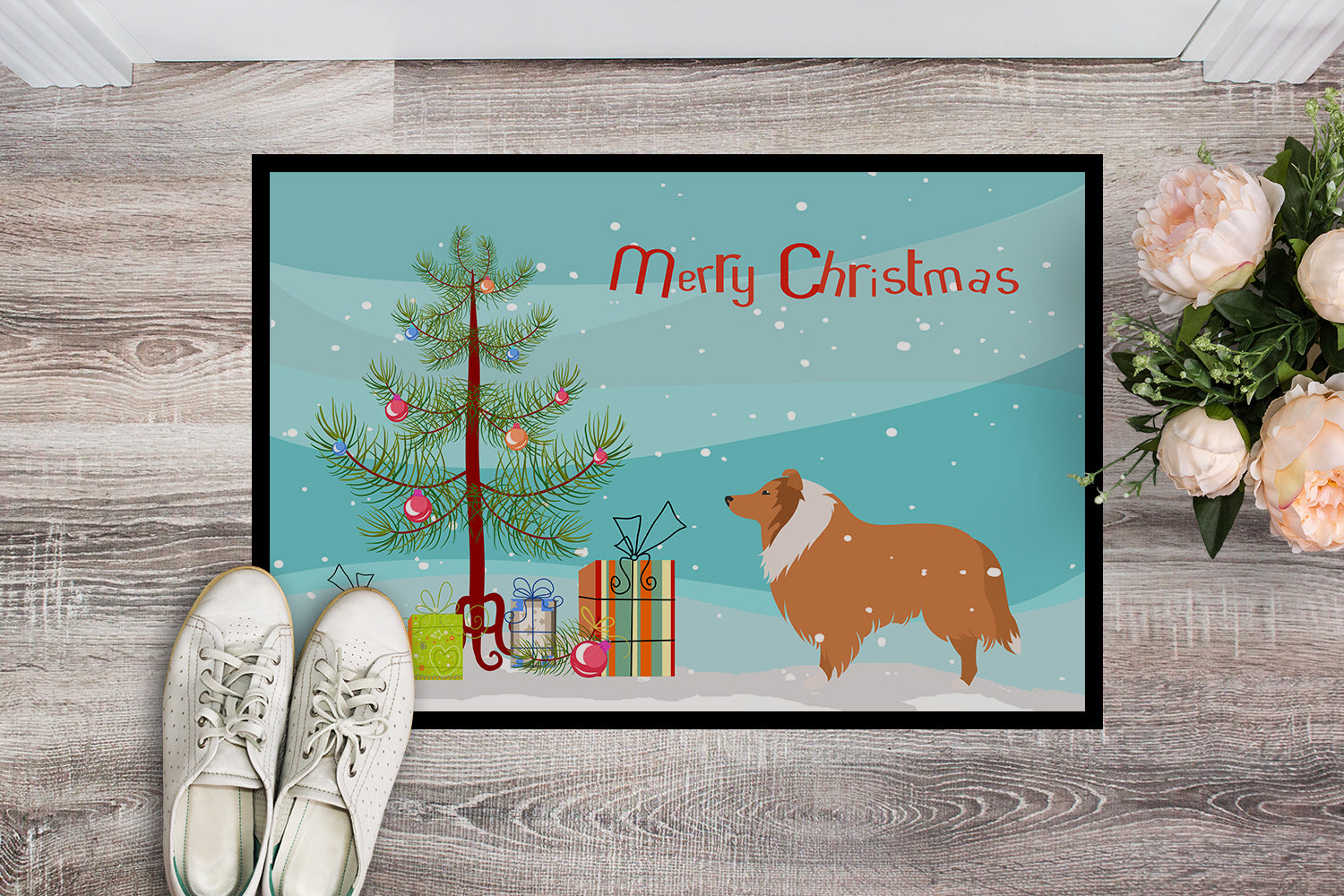 Collie Dog Merry Christmas Tree Indoor or Outdoor Mat 18x27 BB2934MAT - the-store.com