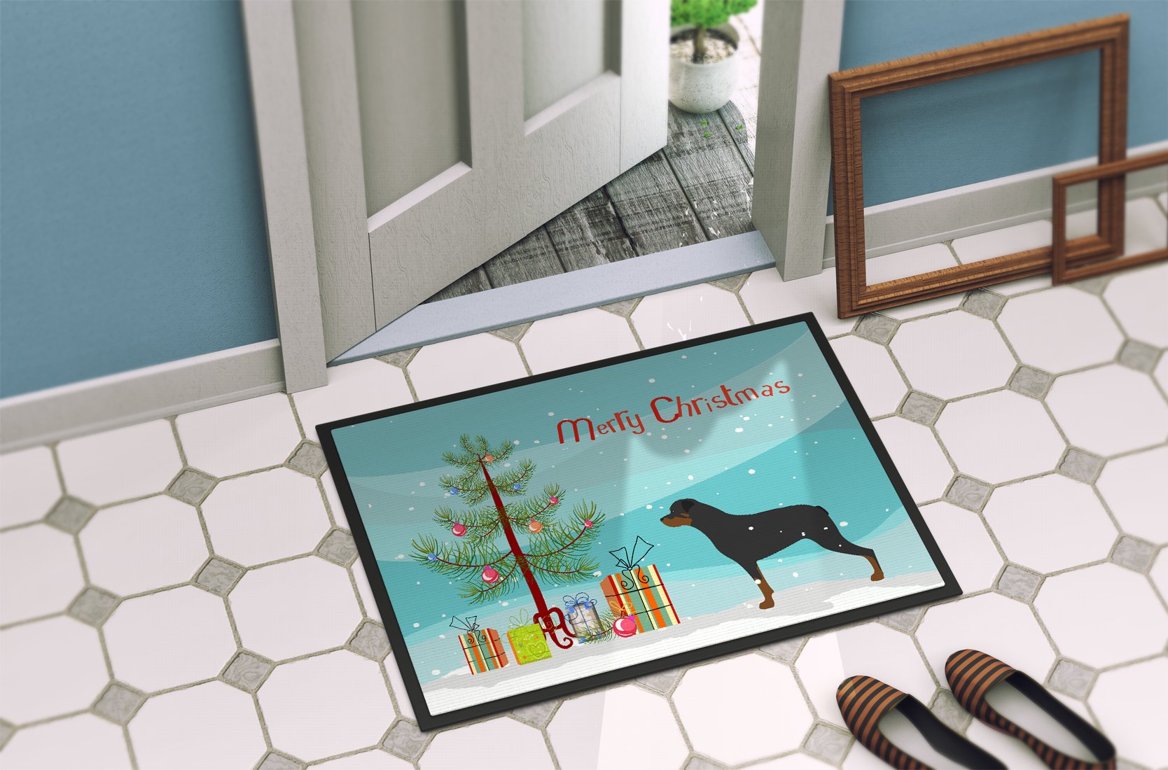 Rottweiler Merry Christmas Tree Indoor or Outdoor Mat 24x36 BB2984JMAT by Caroline's Treasures