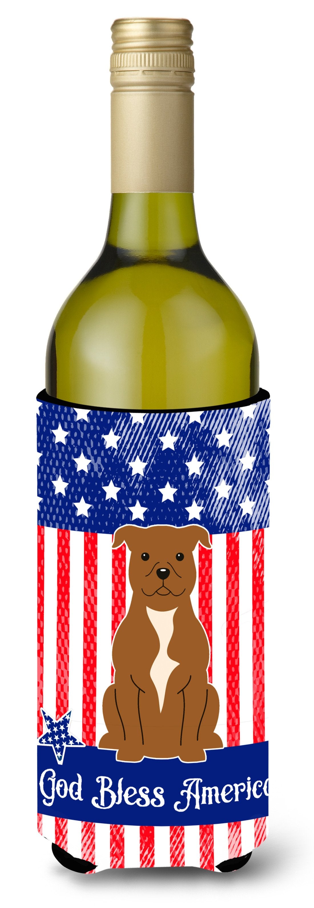 Patriotic USA Staffordshire Bull Terrier Brown Wine Bottle Beverge Insulator Hugger by Caroline's Treasures