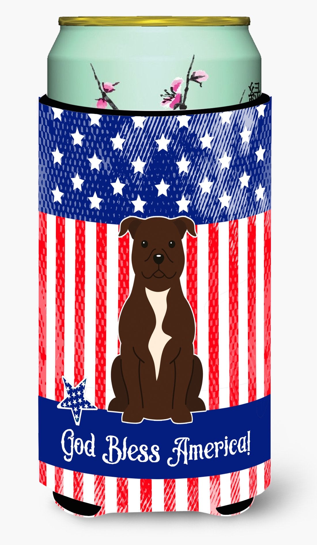 Patriotic USA Staffordshire Bull Terrier Chocolate Tall Boy Beverage Insulator Hugger by Caroline's Treasures