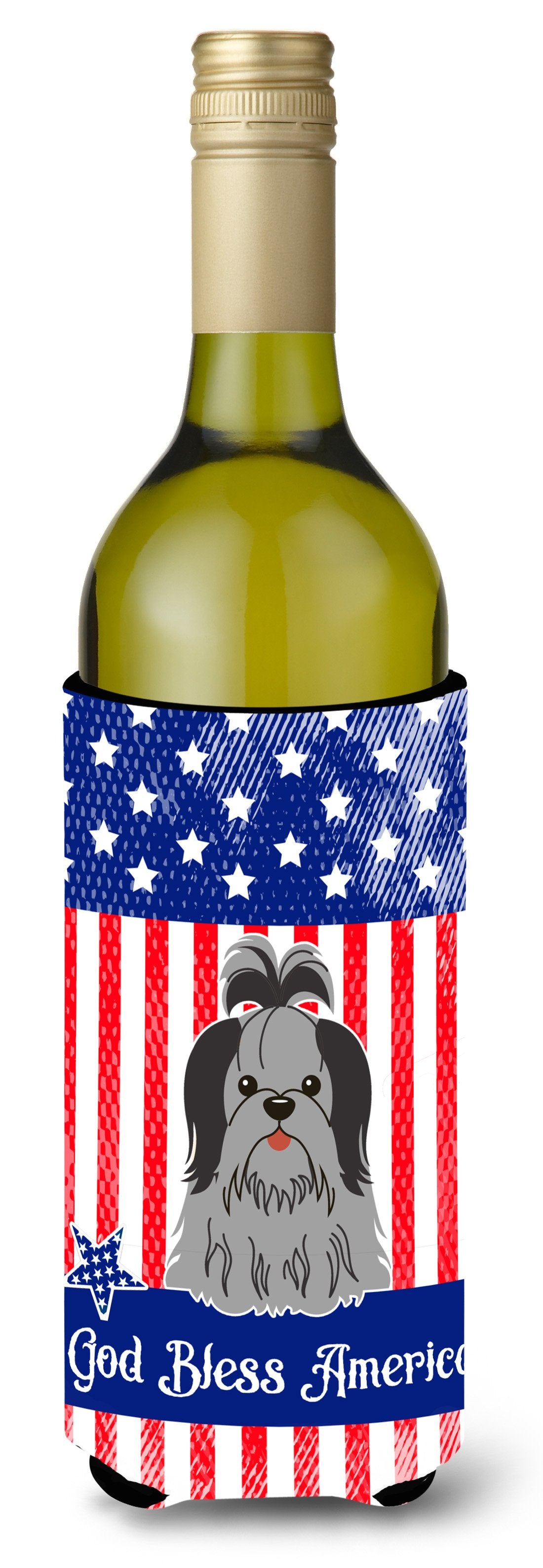 Patriotic USA Shih Tzu Black Silver Wine Bottle Beverge Insulator Hugger BB3084LITERK by Caroline's Treasures