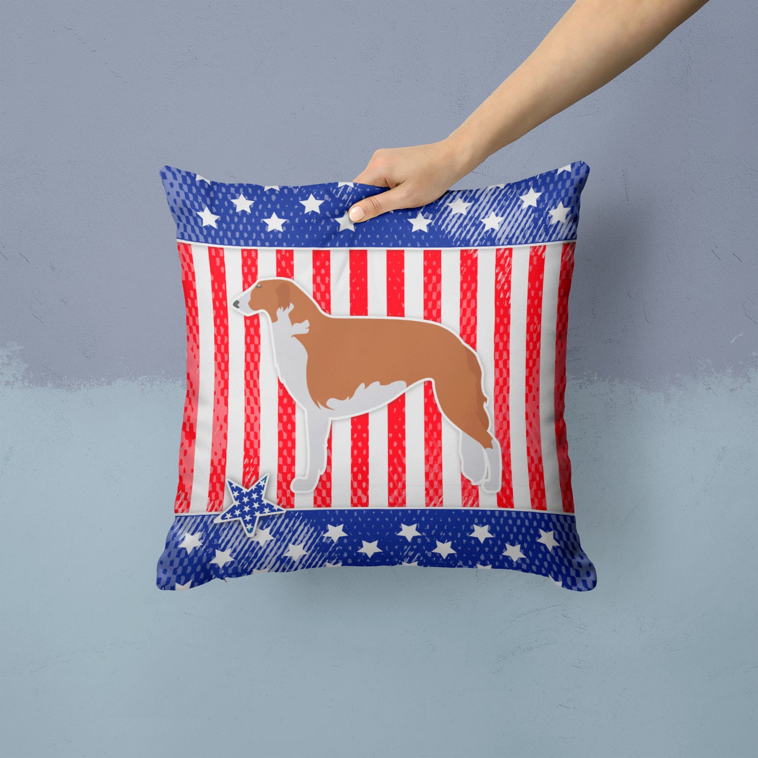 USA Patriotic Borzoi Russian Greyhound Fabric Decorative Pillow BB3299PW1414 - the-store.com