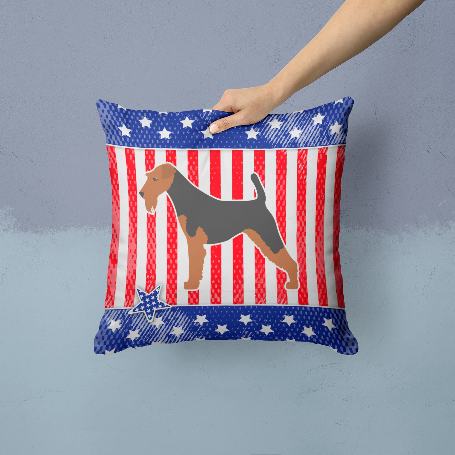 USA Patriotic Airedale Terrier Fabric Decorative Pillow BB3357PW1414 - the-store.com