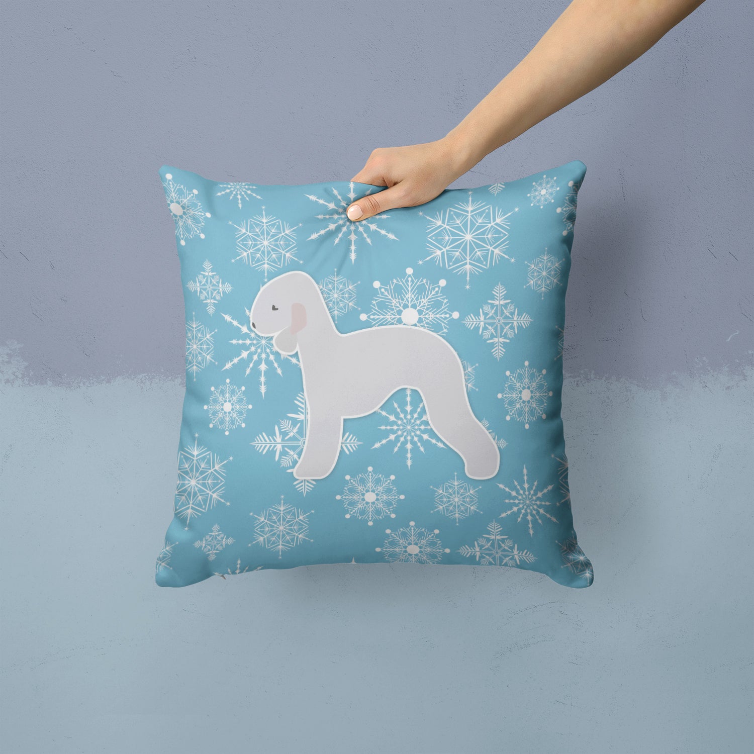 Winter Snowflake Bedlington Terrier Fabric Decorative Pillow BB3494PW1414 - the-store.com