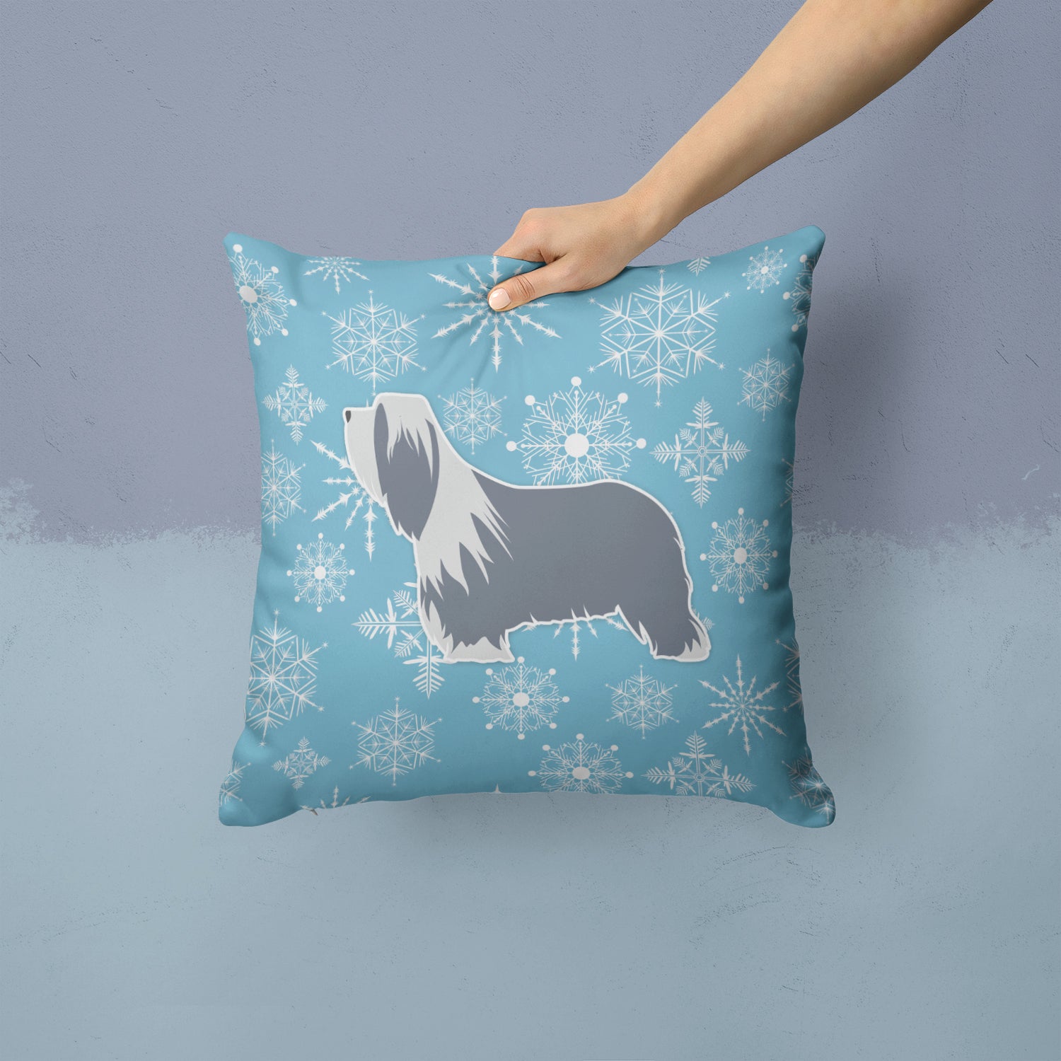 Winter Snowflake Bearded Collie Fabric Decorative Pillow BB3517PW1414 - the-store.com