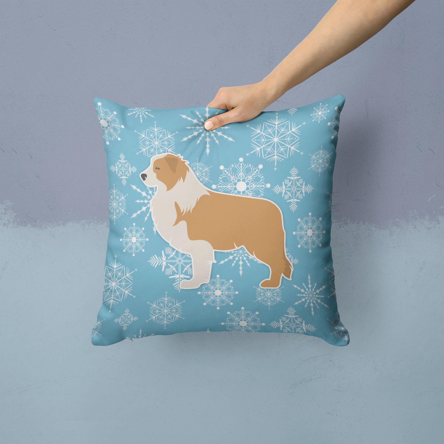 Winter Snowflake Red Border Collie Fabric Decorative Pillow BB3522PW1414 - the-store.com