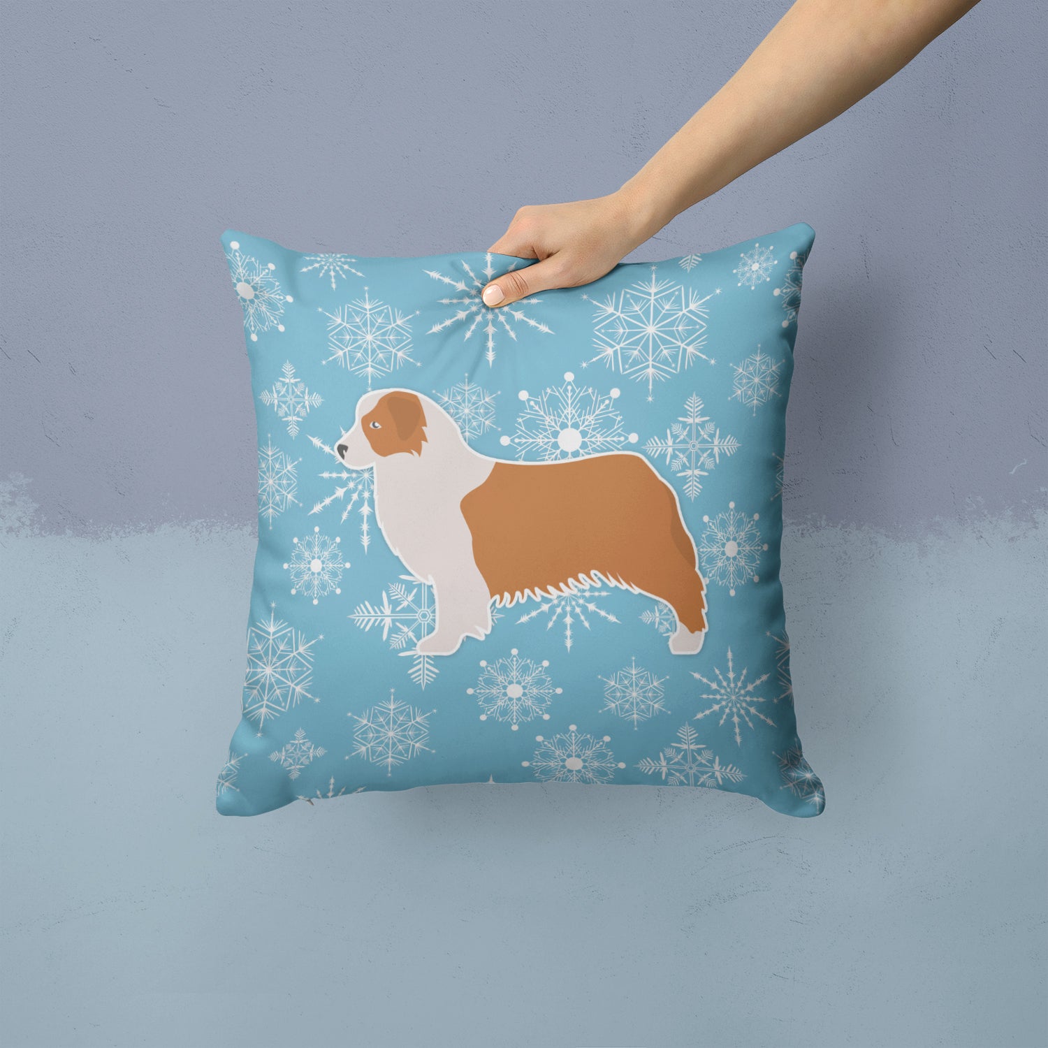 Winter Snowflake Australian Shepherd Dog Fabric Decorative Pillow BB3533PW1414 - the-store.com