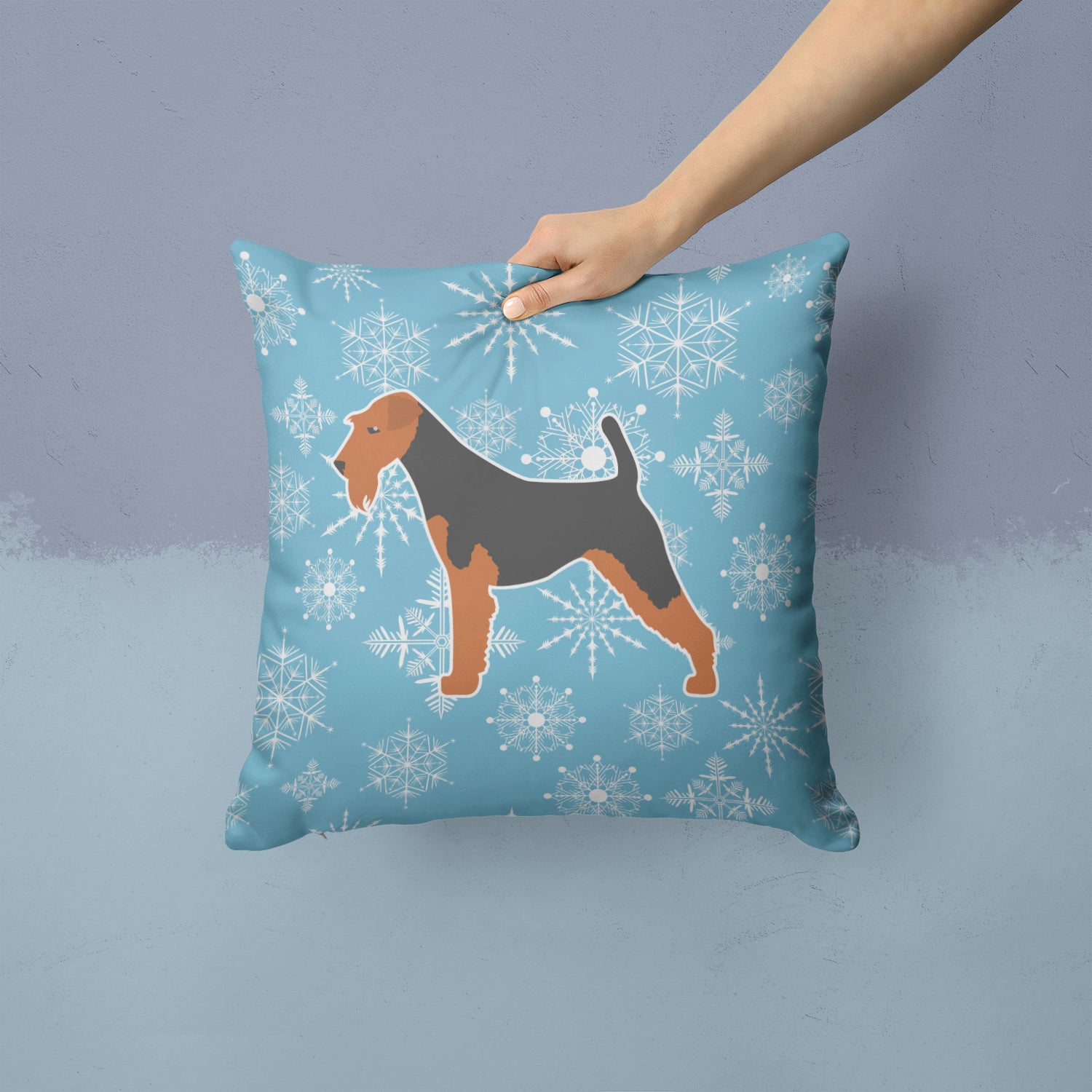 Winter Snowflake Airedale Terrier Fabric Decorative Pillow BB3557PW1414 - the-store.com