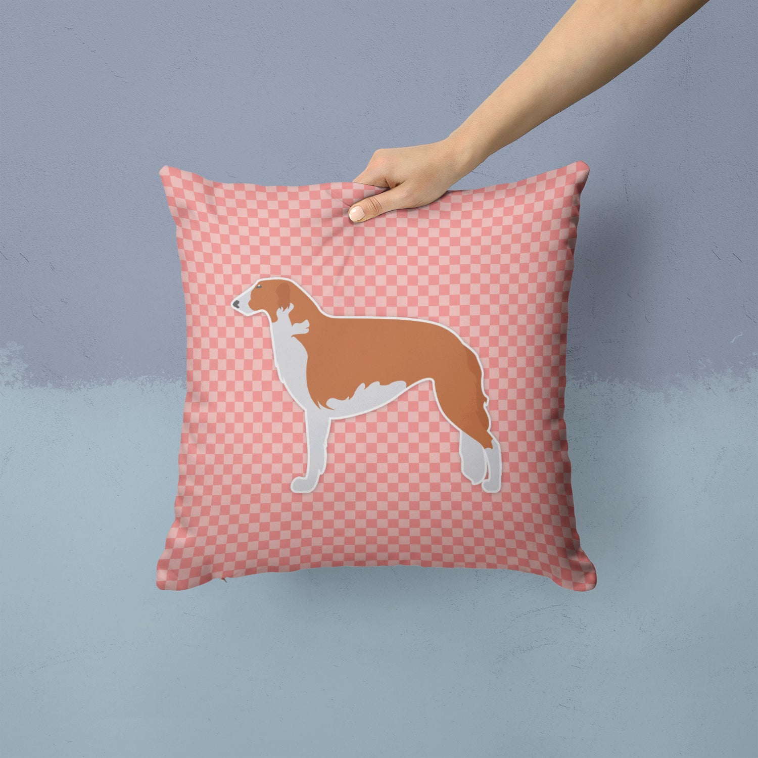 Borzoi Russian Greyhound Checkerboard Pink Fabric Decorative Pillow BB3599PW1414 - the-store.com