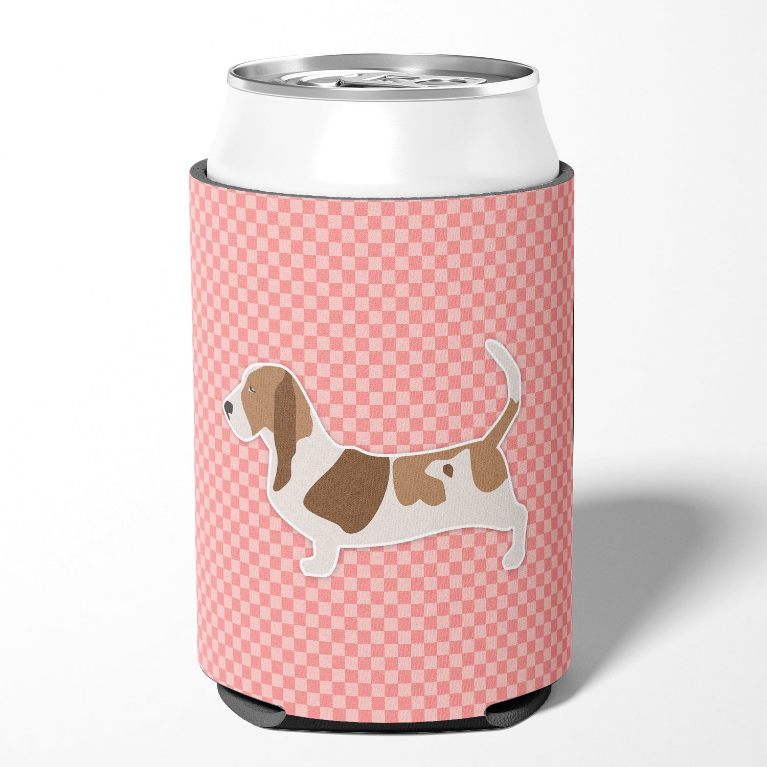 Basset Hound Checkerboard Pink Can or Bottle Hugger BB3602CC