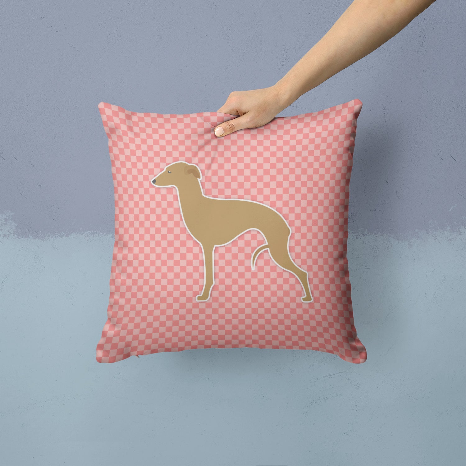 Italian Greyhound Checkerboard Pink Fabric Decorative Pillow BB3614PW1414 - the-store.com