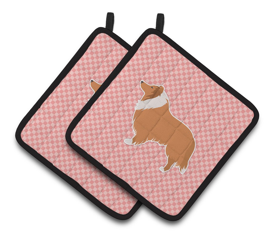 Collie Checkerboard Pink Pair of Pot Holders BB3616PTHD by Caroline&#39;s Treasures