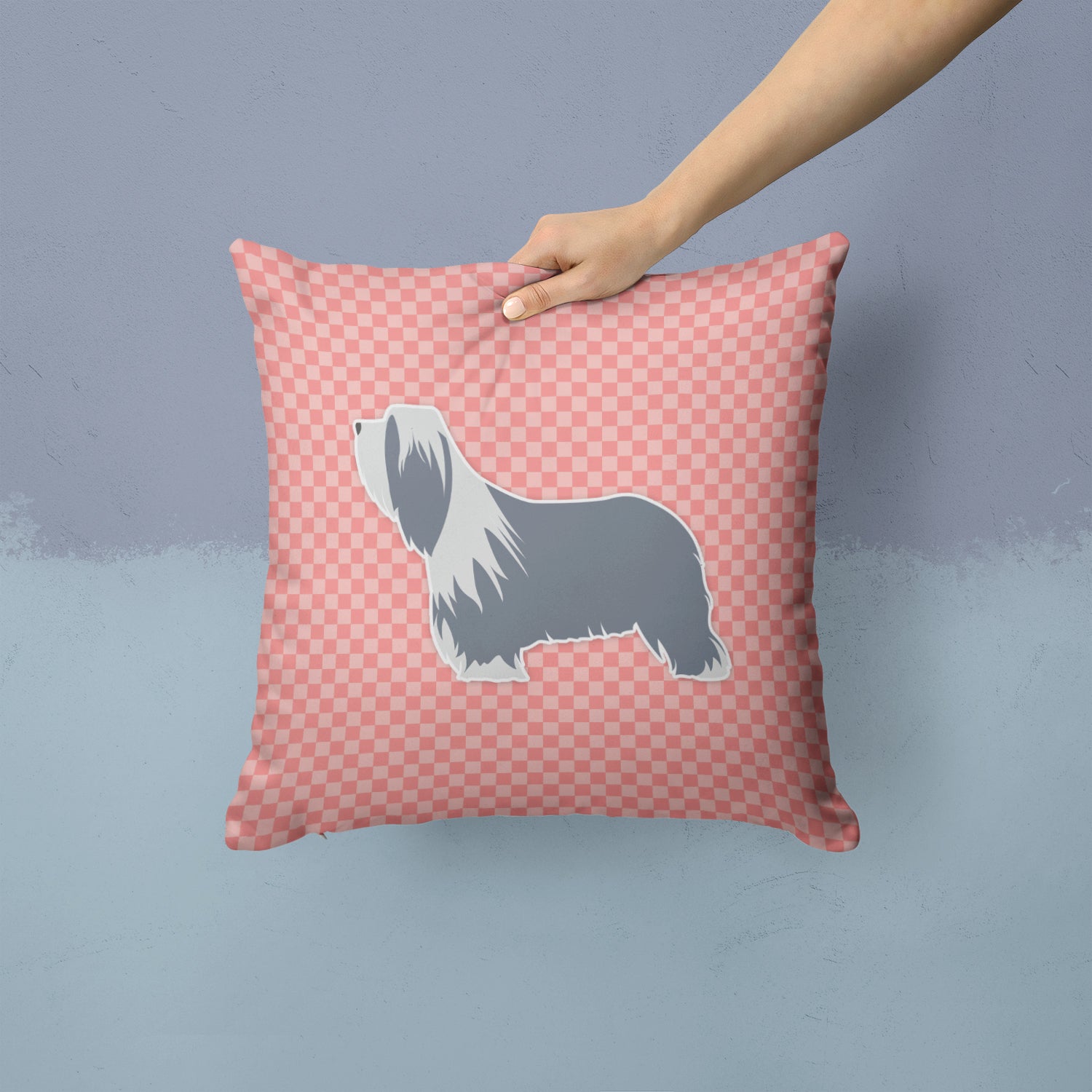 Bearded Collie Checkerboard Pink Fabric Decorative Pillow BB3617PW1414 - the-store.com