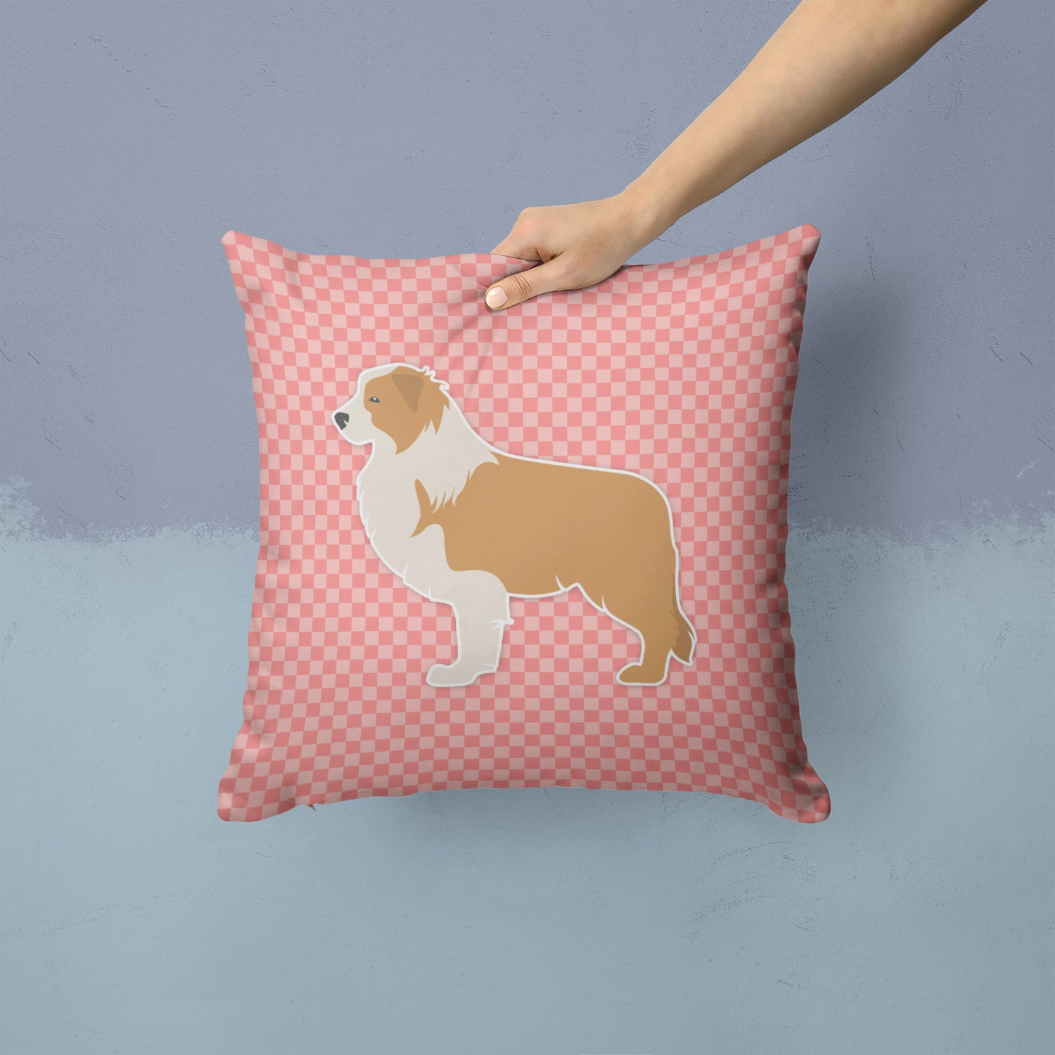Red Border Collie Checkerboard Pink Fabric Decorative Pillow BB3622PW1414 - the-store.com