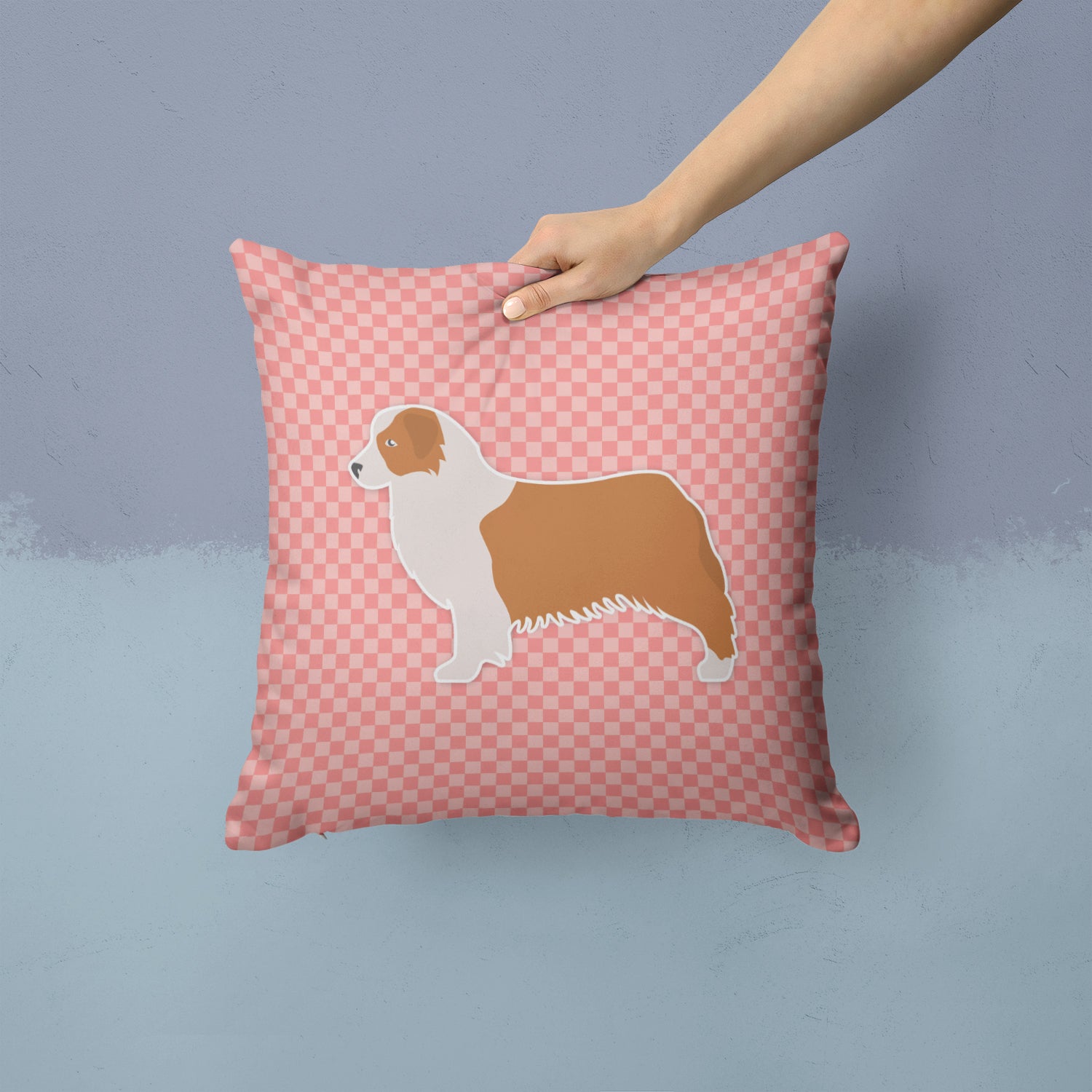 Australian Shepherd Dog Checkerboard Pink Fabric Decorative Pillow BB3633PW1414 - the-store.com