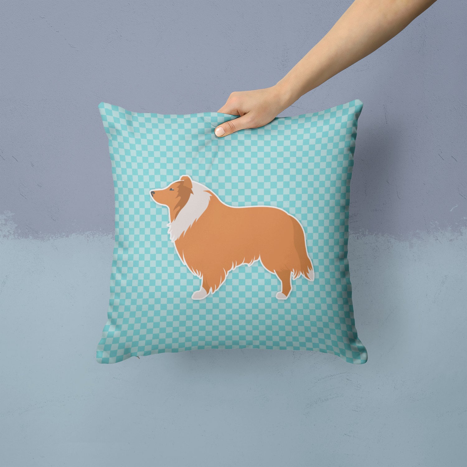 Collie Checkerboard Blue Fabric Decorative Pillow BB3716PW1414 - the-store.com