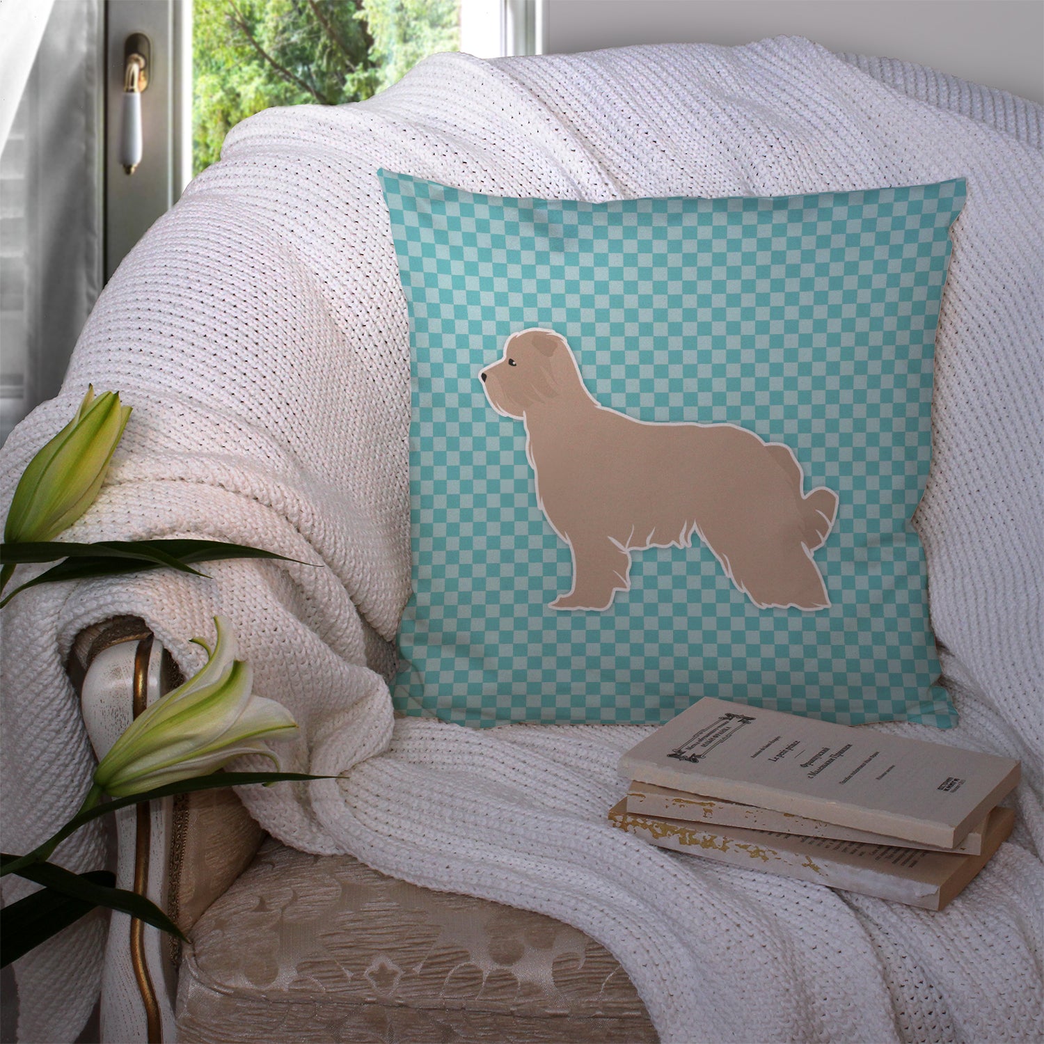 Pyrenean Shepherd Checkerboard Blue Fabric Decorative Pillow BB3718PW1414 - the-store.com