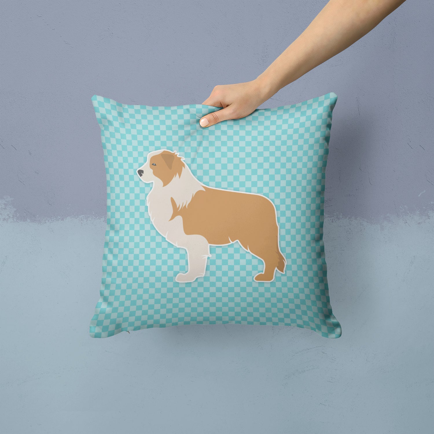 Red Border Collie Checkerboard Blue Fabric Decorative Pillow BB3722PW1414 - the-store.com