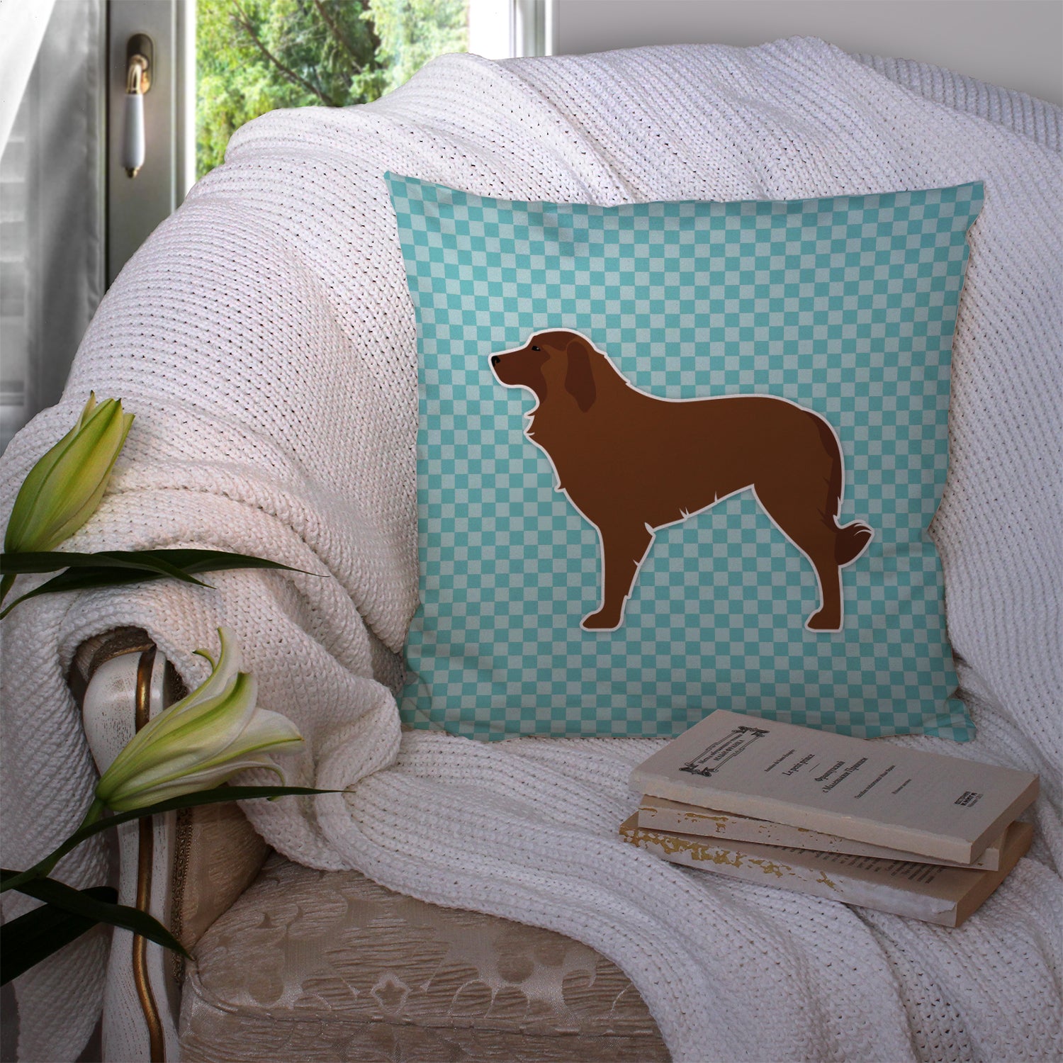 Portuguese Sheepdog Dog Checkerboard Blue Fabric Decorative Pillow BB3731PW1414 - the-store.com